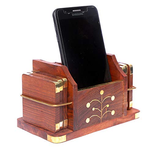 Sheesham wood mobile stand cum coaster with copper inlay design, showcasing its elegant craftsmanship and dual functionality.