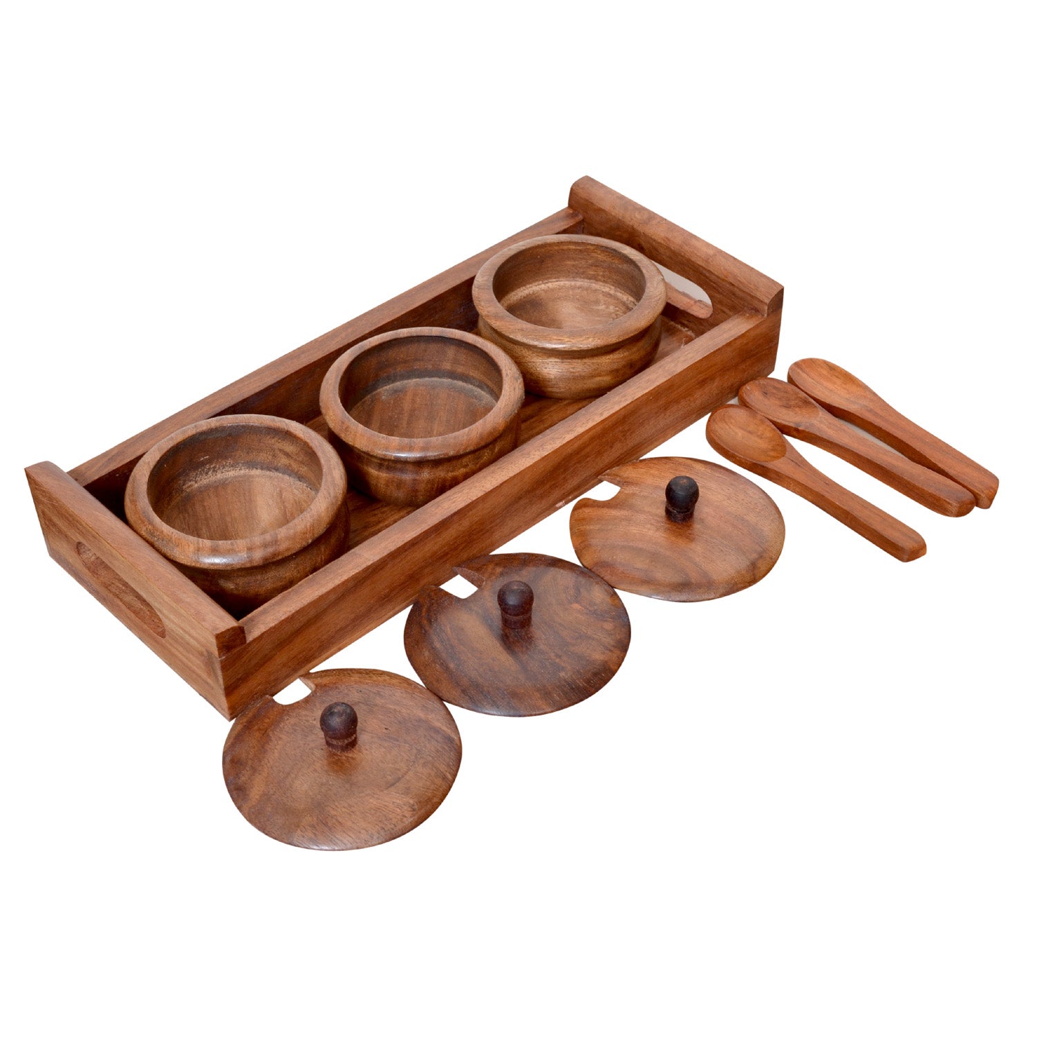 Handcrafted Sheesham wood mouth freshener and pickle serveware set with jars, spoons, and tray, showcasing unique design and natural wood finish.