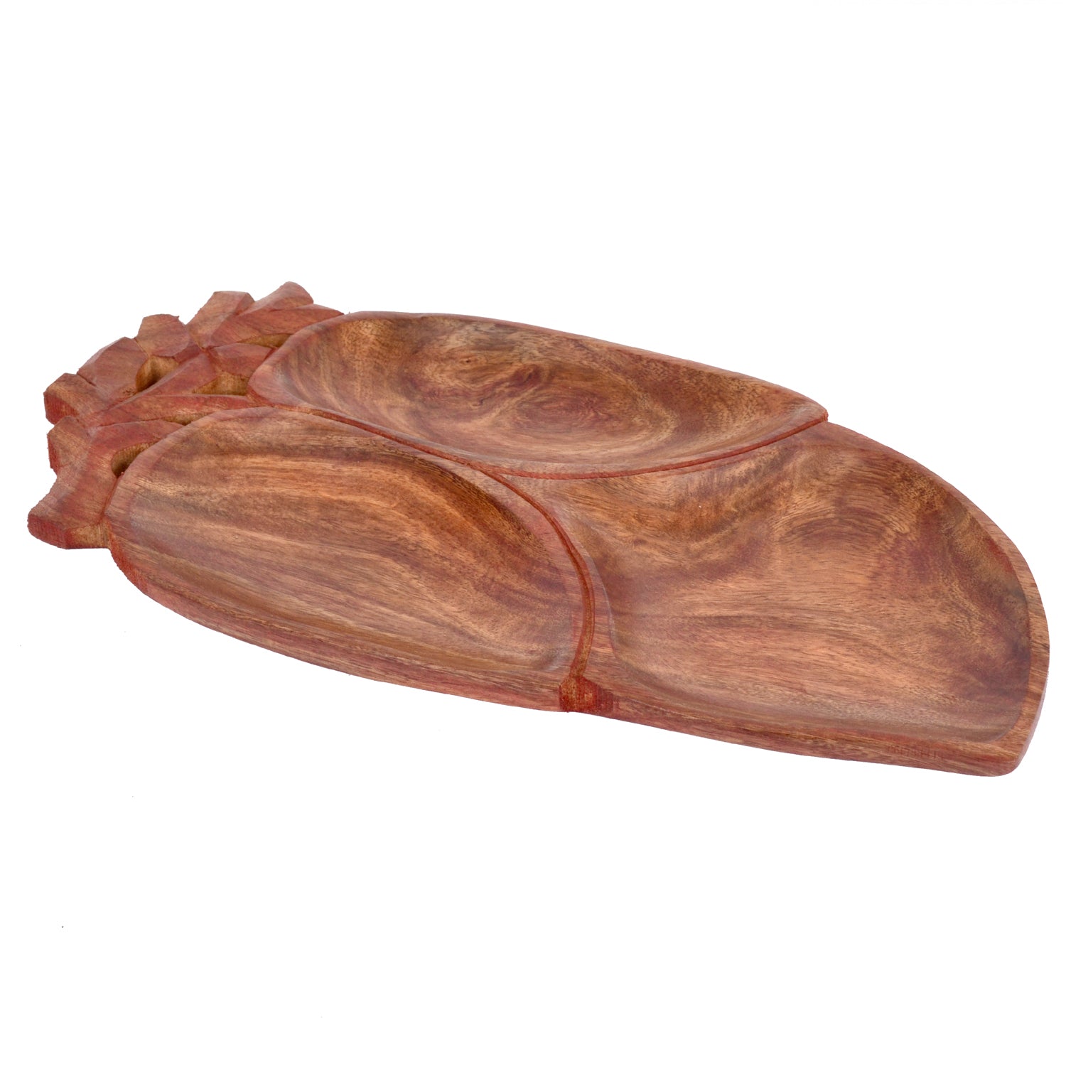 Elegant Sheesham wood serving tray with three compartments and handles, perfect for snacks and dry fruits.