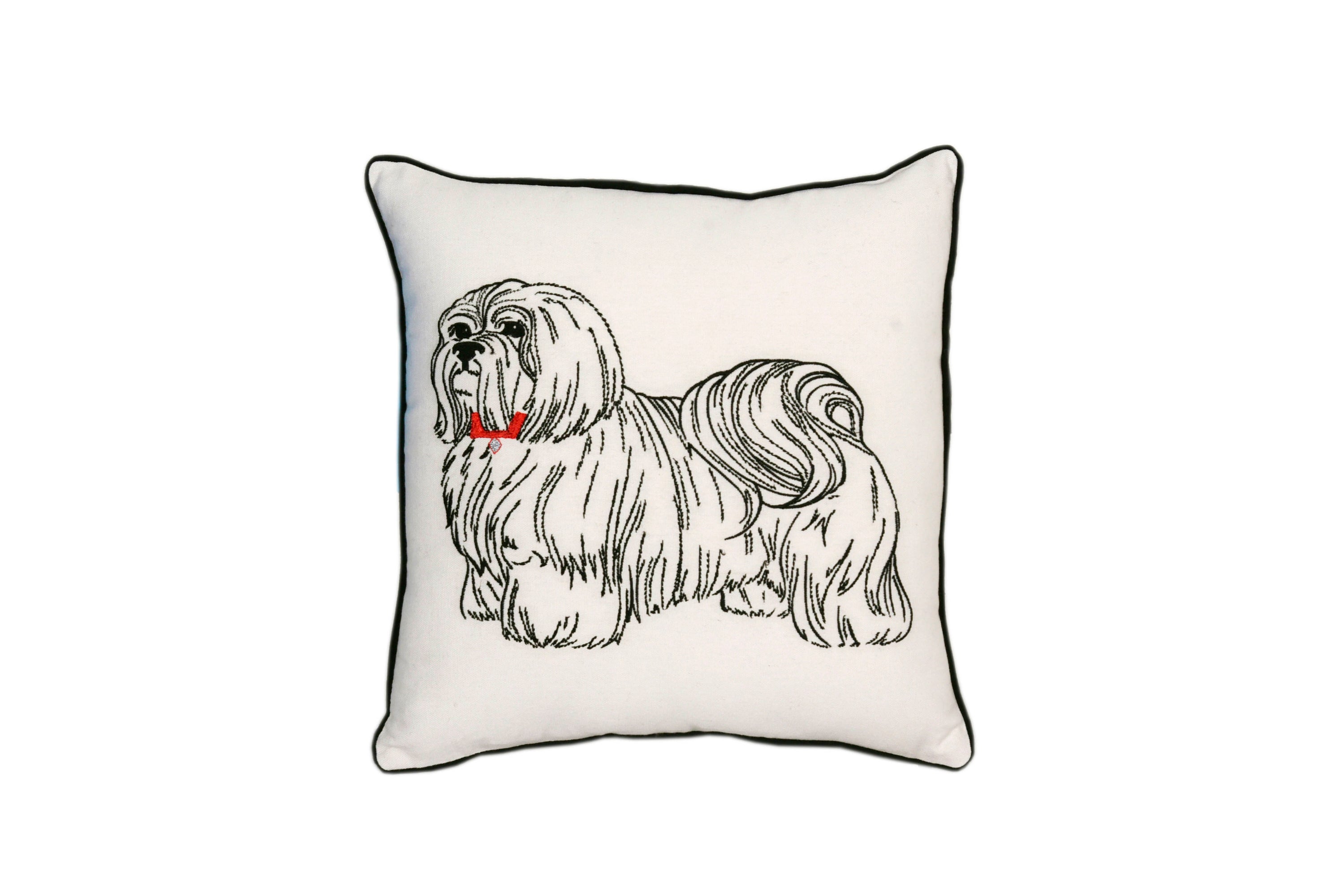 A cozy Shih Tzu Dog Pillow featuring an embroidered design on 100% cotton canvas, with black piping and a zipper opening.