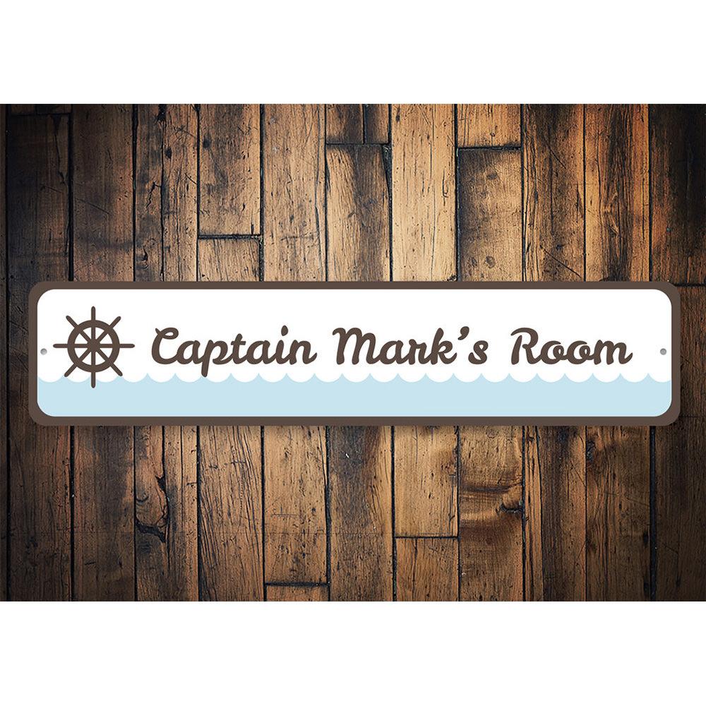 A decorative Ship Captain Sign made of high-quality aluminum, featuring customizable text and pre-drilled holes for easy mounting.