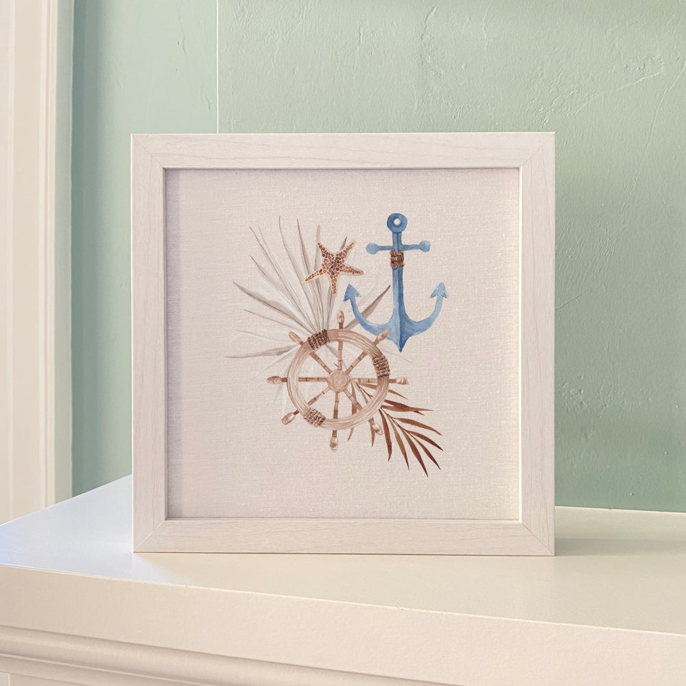 A beautifully framed Ship Wheel Anchor sign with a linen-look background, available in walnut and white-washed frame options.