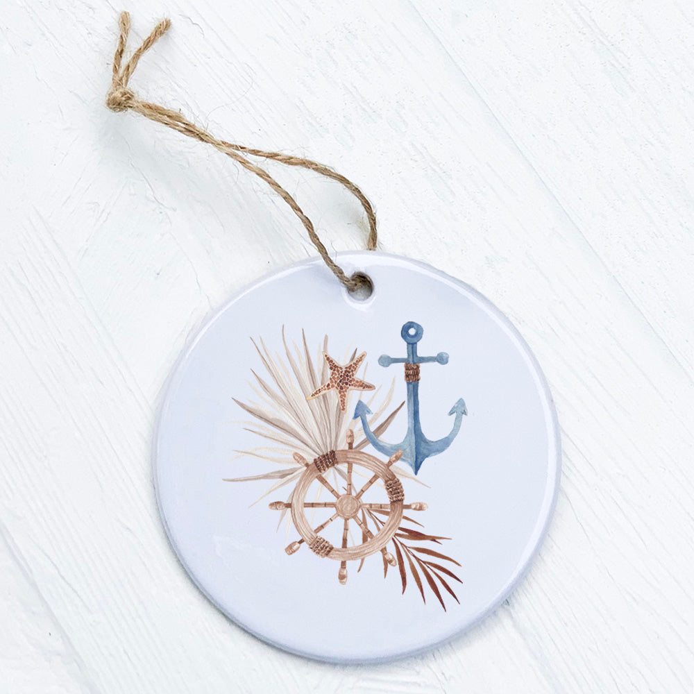 A beautifully crafted porcelain Ship Wheel Anchor ornament featuring a vibrant nautical design, perfect for home decor or gifting.