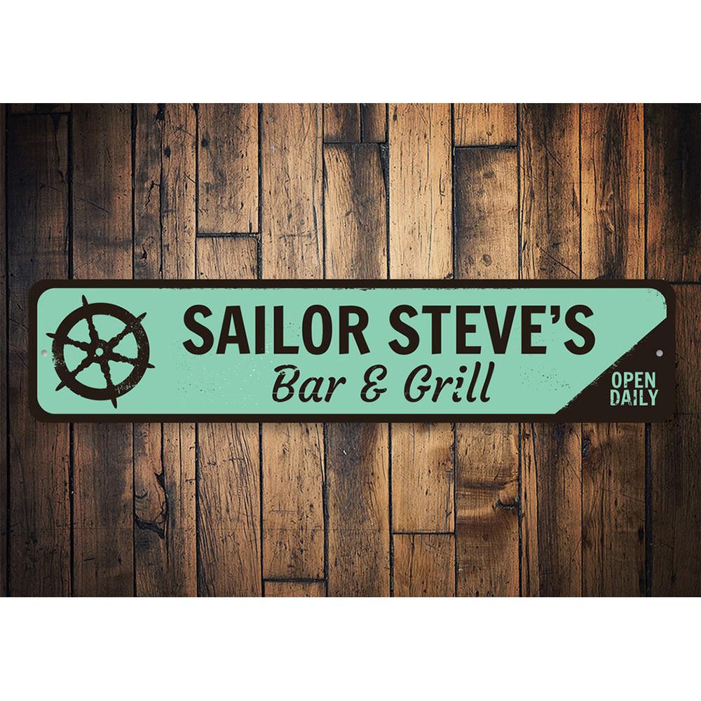 A beautifully crafted Ship Wheel Sign made of aluminum, featuring customizable text, perfect for beach-themed decor.