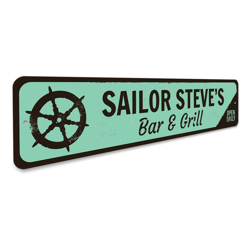 A beautifully crafted Ship Wheel Sign made of aluminum, featuring customizable text, perfect for beach-themed decor.