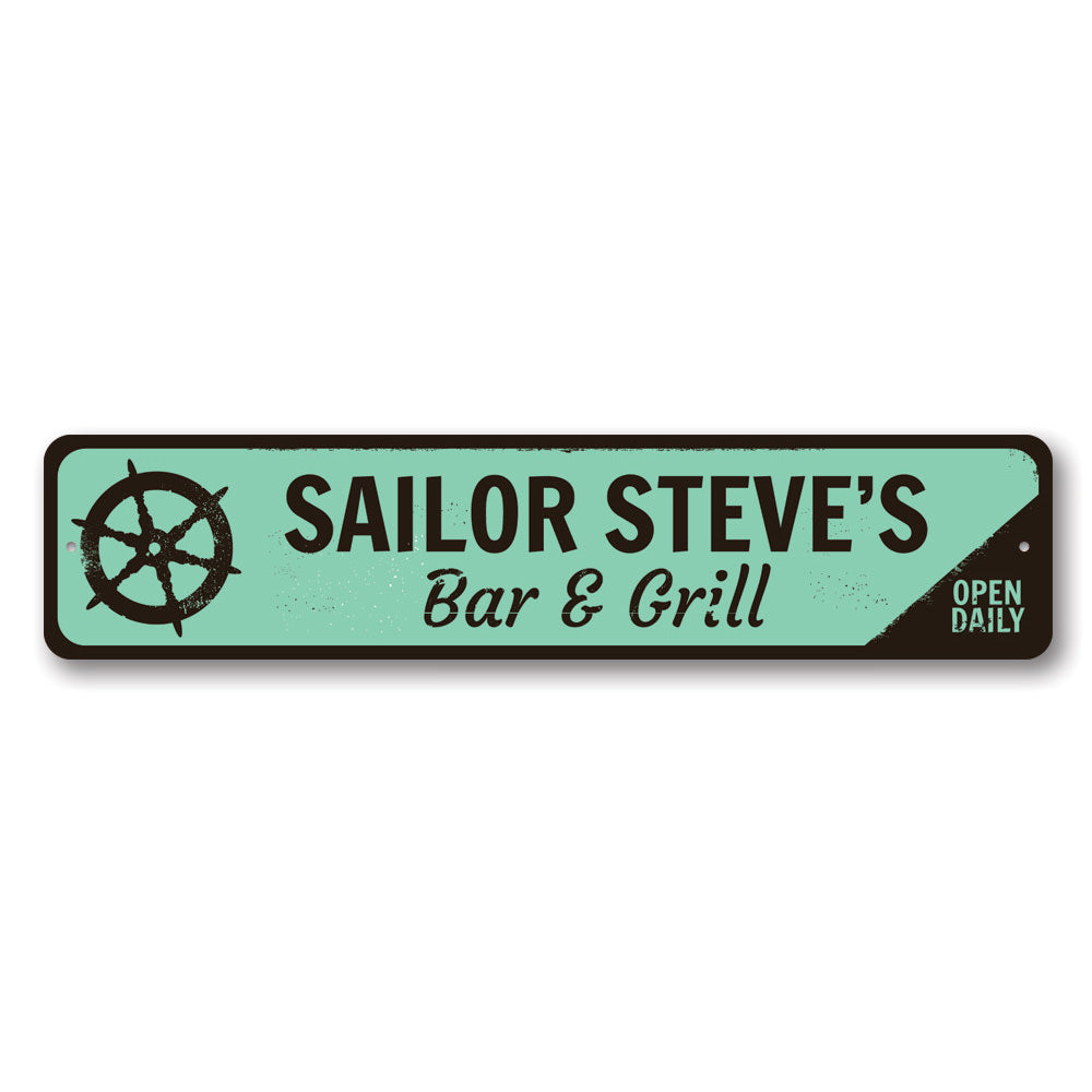 A beautifully crafted Ship Wheel Sign made of aluminum, featuring customizable text, perfect for beach-themed decor.