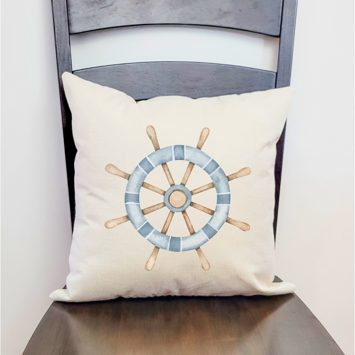 Ships Wheel Blue Pillow Cover featuring a nautical design on a light beige background, perfect for home decor.