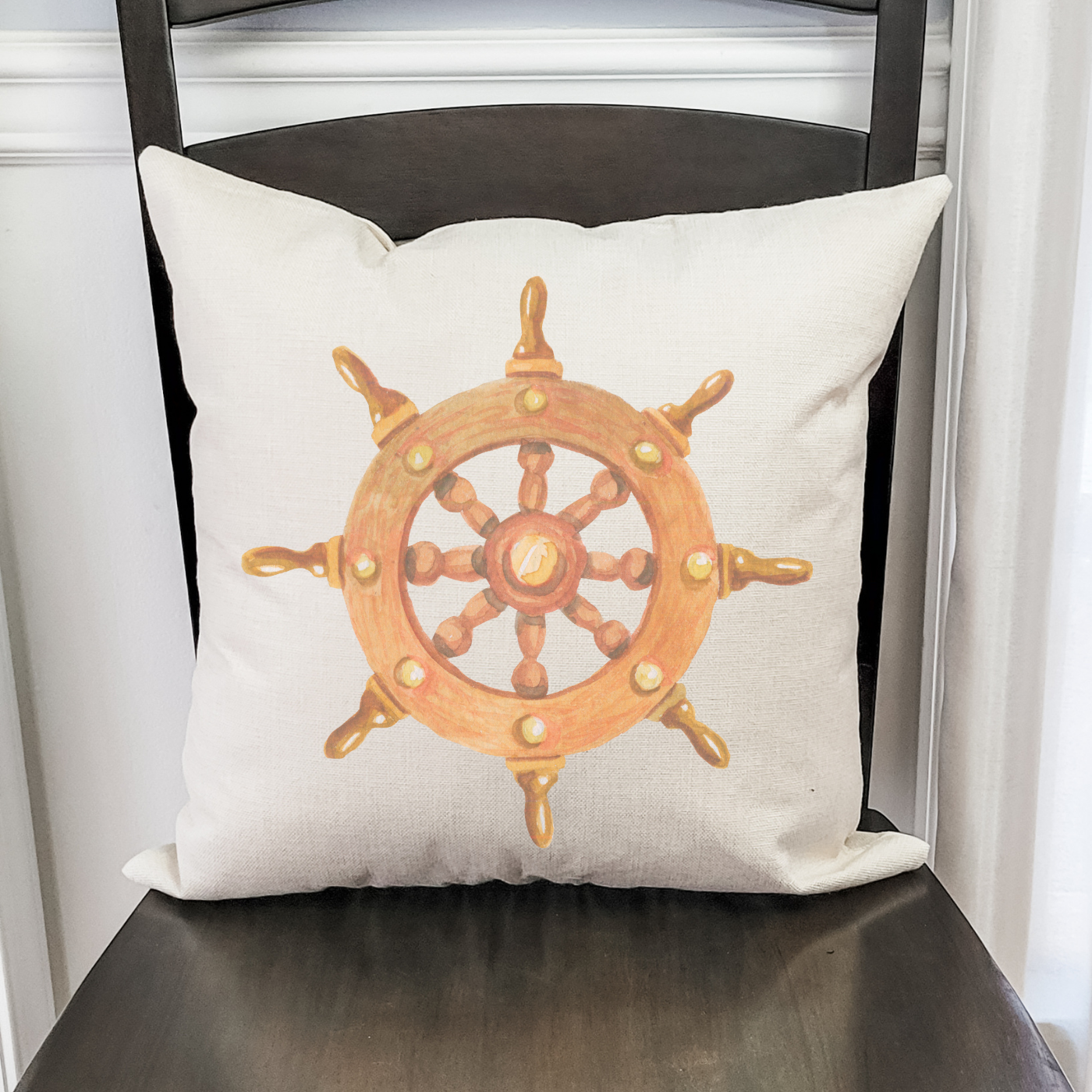 Ships Wheel Brown Pillow Cover featuring a nautical design on a light beige background, perfect for home decor.