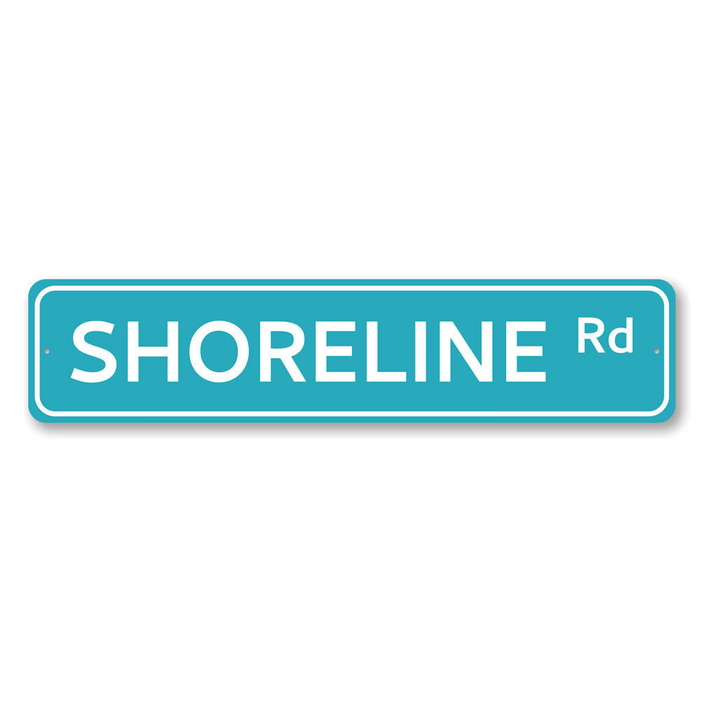 A decorative Shoreline Road Sign made from high-quality aluminum, featuring customizable text and pre-drilled holes for easy mounting.