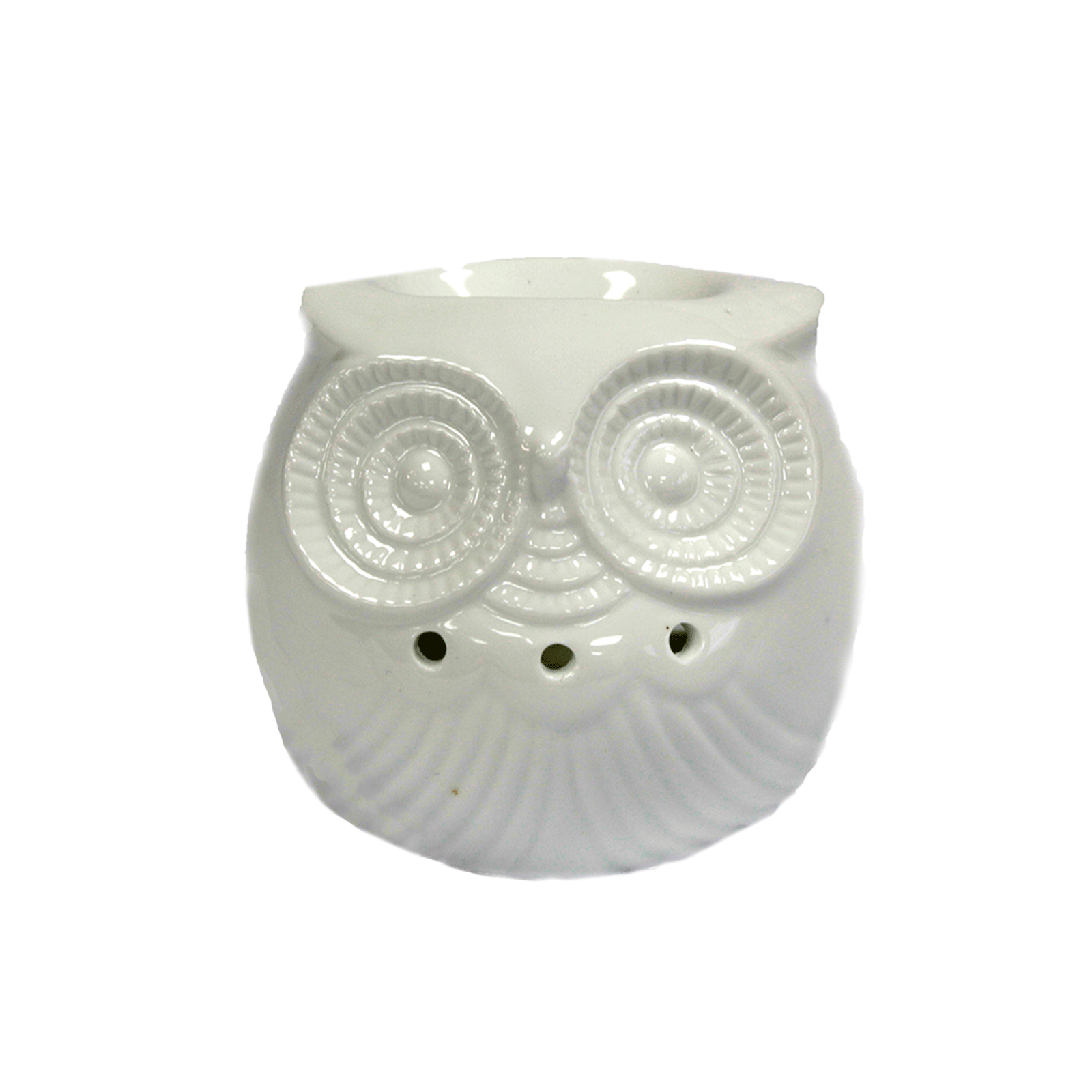 Short Owl Oil Burner in white ceramic, featuring an owl design that allows candlelight to shine through, creating a cozy ambiance.