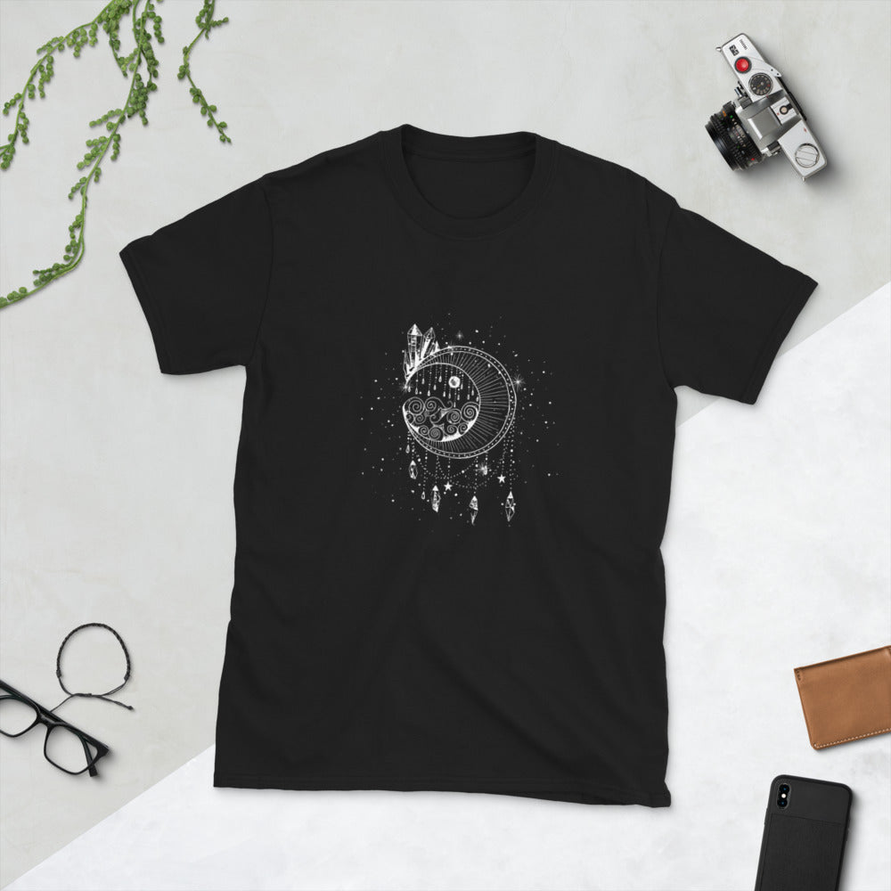 A soft and comfortable unisex short-sleeve t-shirt featuring a mystical moon design, perfect for casual wear.