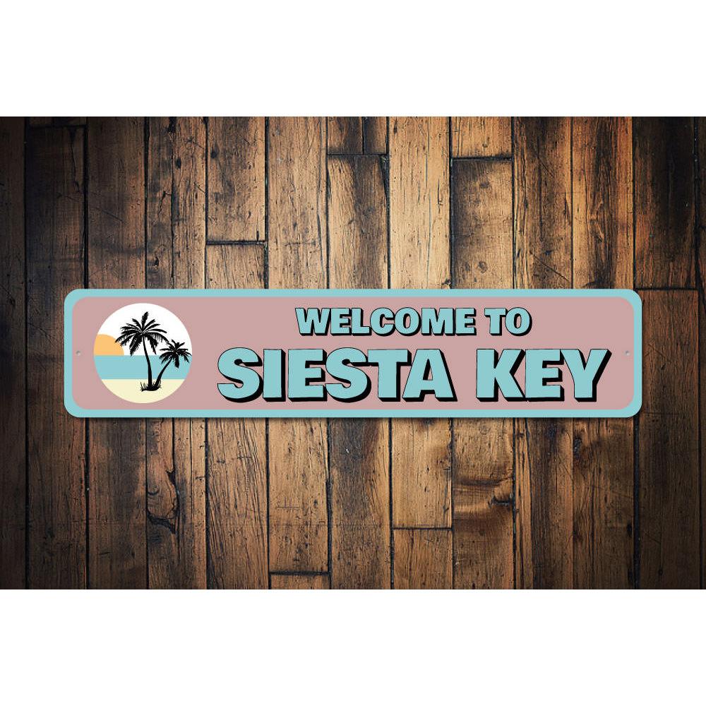 Siesta Key Welcome Sign made of durable aluminum, featuring customizable text and pre-drilled holes for easy mounting.