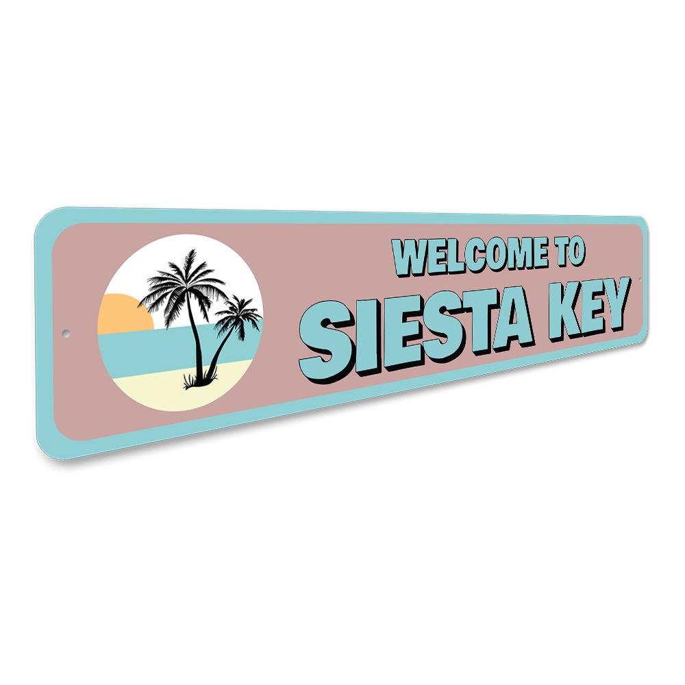 Siesta Key Welcome Sign made of durable aluminum, featuring customizable text and pre-drilled holes for easy mounting.