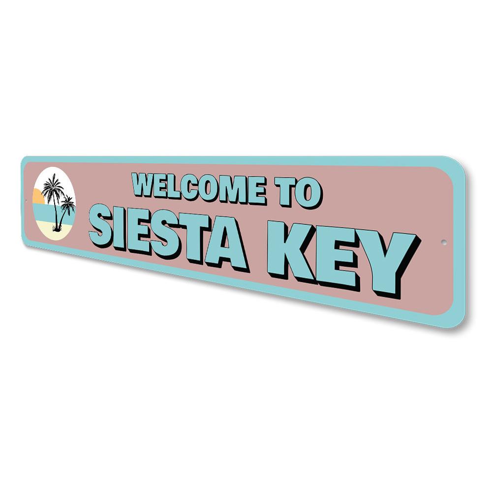 Siesta Key Welcome Sign made of durable aluminum, featuring customizable text and pre-drilled holes for easy mounting.