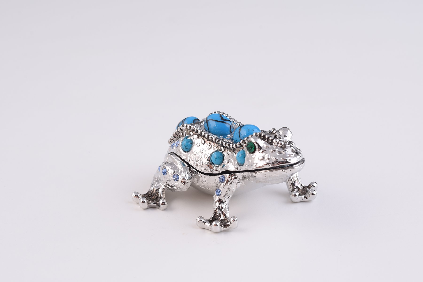 Handcrafted Silver and Blue Frog trinket box adorned with Austrian crystals and plated with 24K gold, showcasing intricate enamel work.