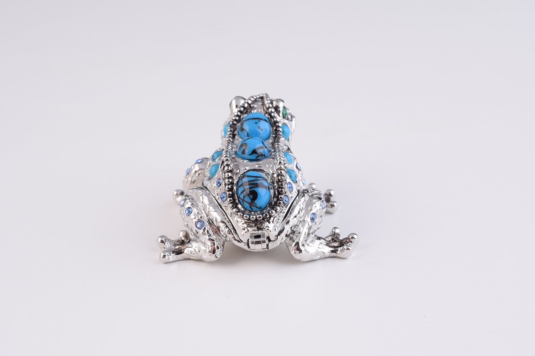 Handcrafted Silver and Blue Frog trinket box adorned with Austrian crystals and plated with 24K gold, showcasing intricate enamel work.