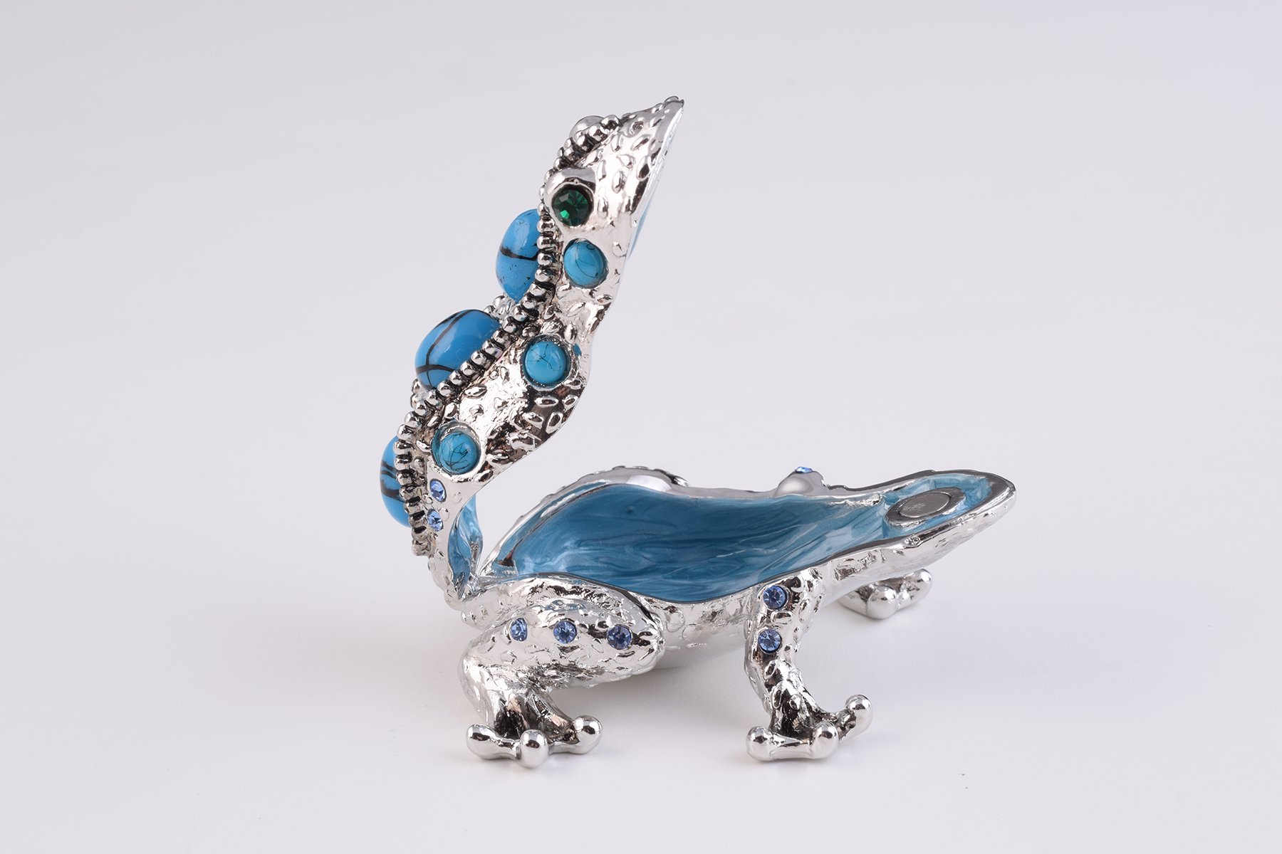 Handcrafted Silver and Blue Frog trinket box adorned with Austrian crystals and plated with 24K gold, showcasing intricate enamel work.