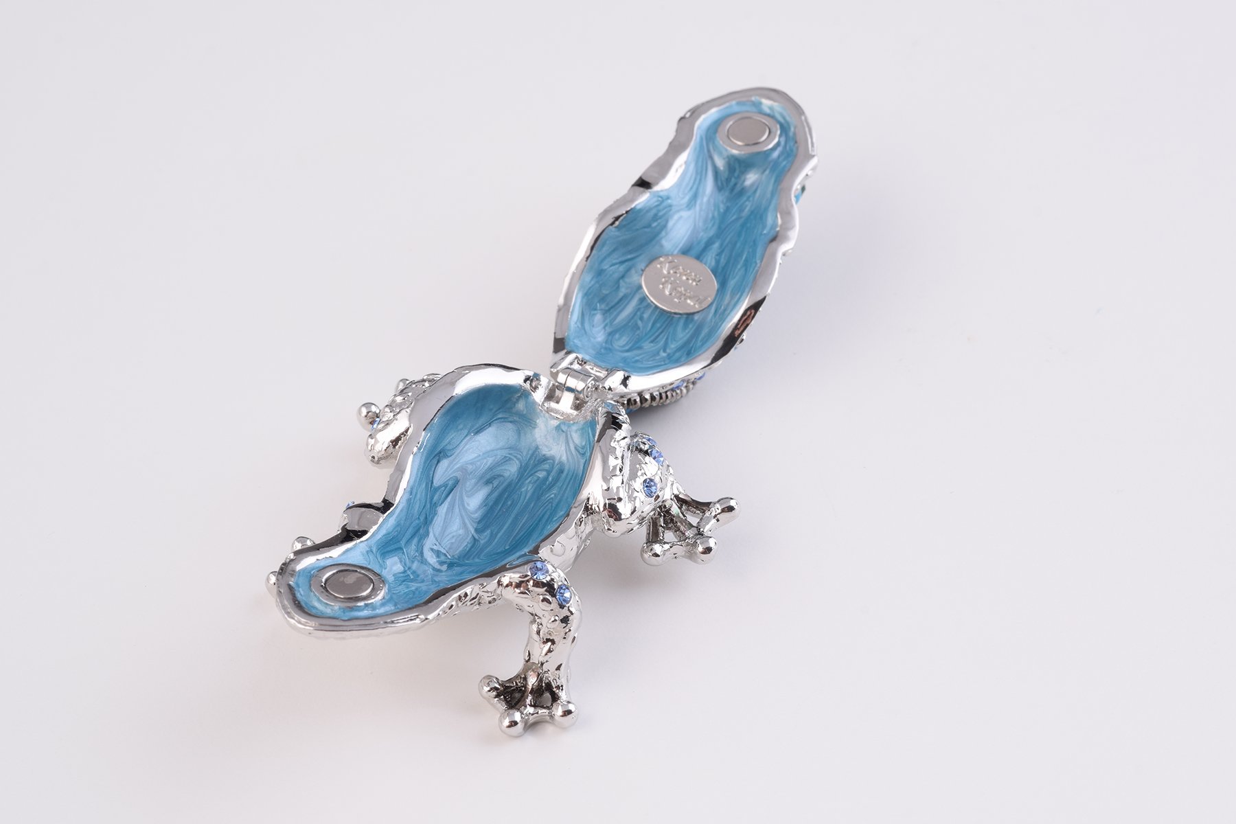 Handcrafted Silver and Blue Frog trinket box adorned with Austrian crystals and plated with 24K gold, showcasing intricate enamel work.