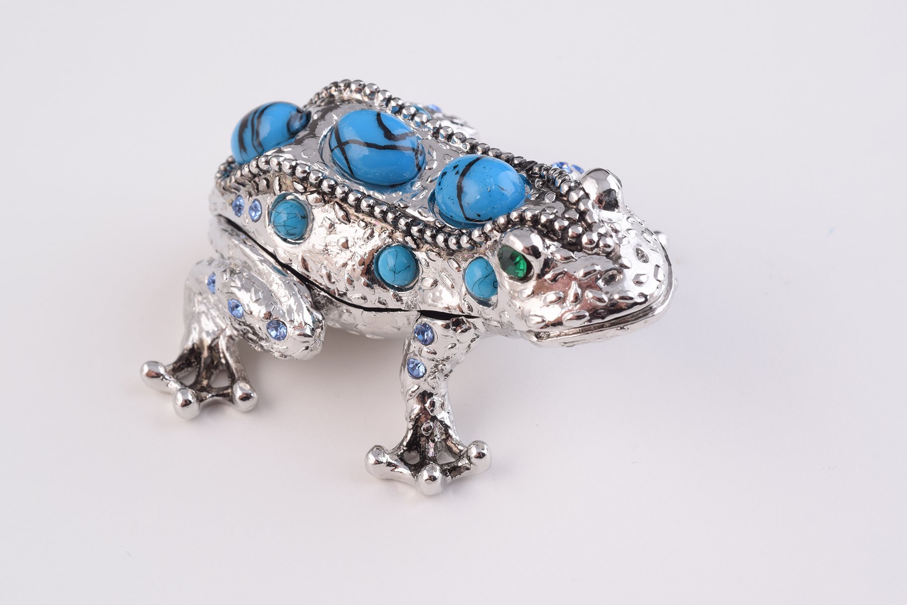 Handcrafted Silver and Blue Frog trinket box adorned with Austrian crystals and plated with 24K gold, showcasing intricate enamel work.