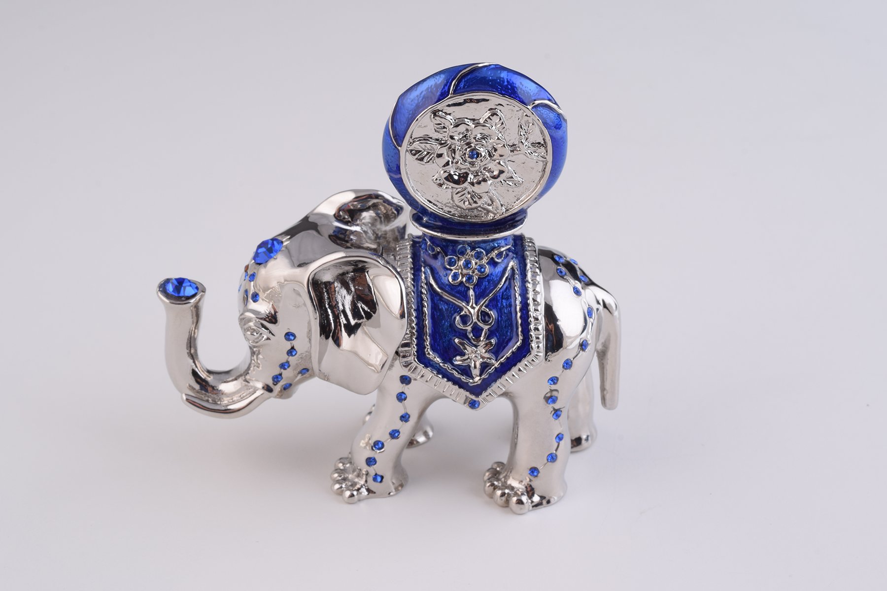 Handcrafted silver elephant trinket box with clock, adorned with Austrian crystals and plated in 24K gold or 925 silver.