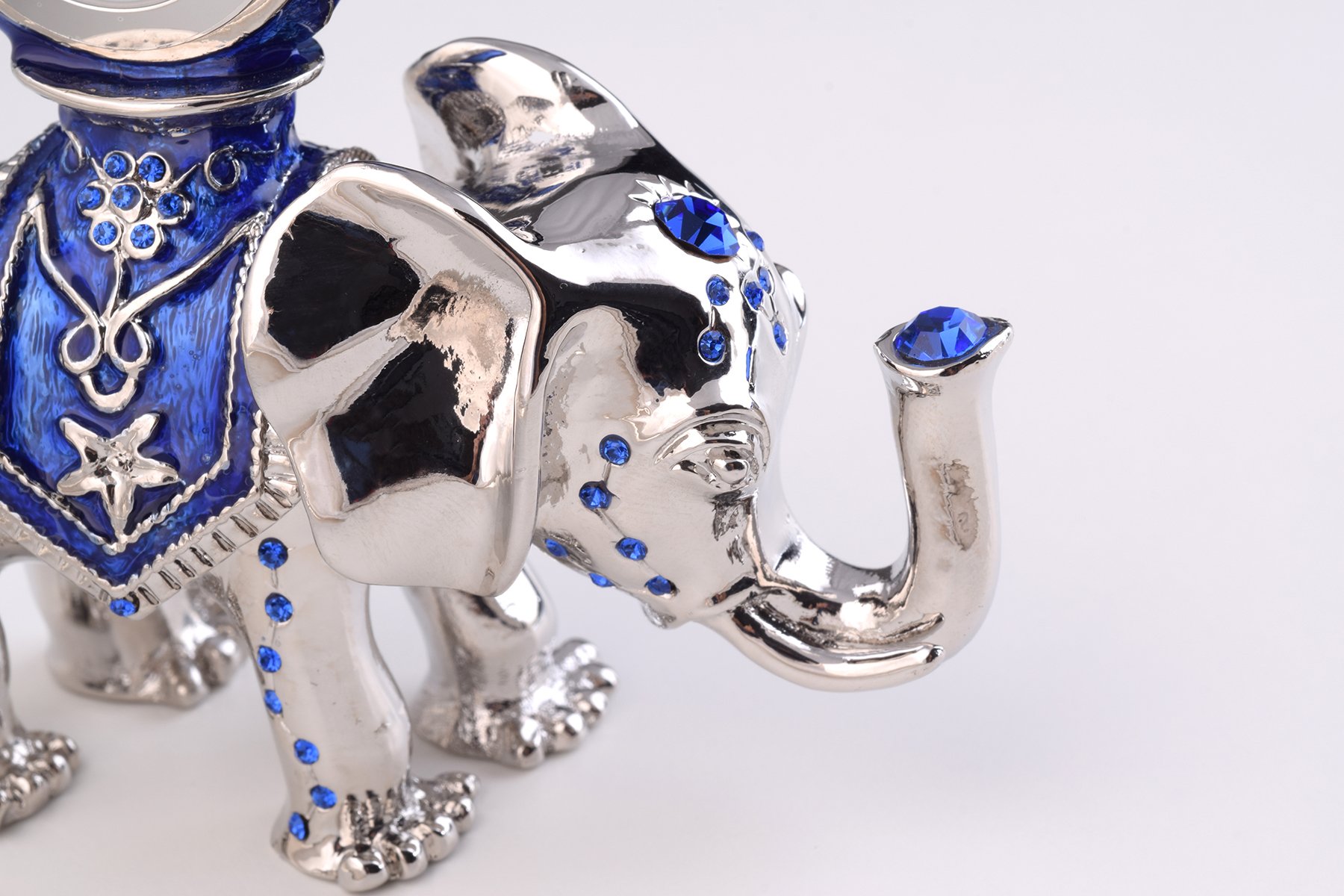 Handcrafted silver elephant trinket box with clock, adorned with Austrian crystals and plated in 24K gold or 925 silver.