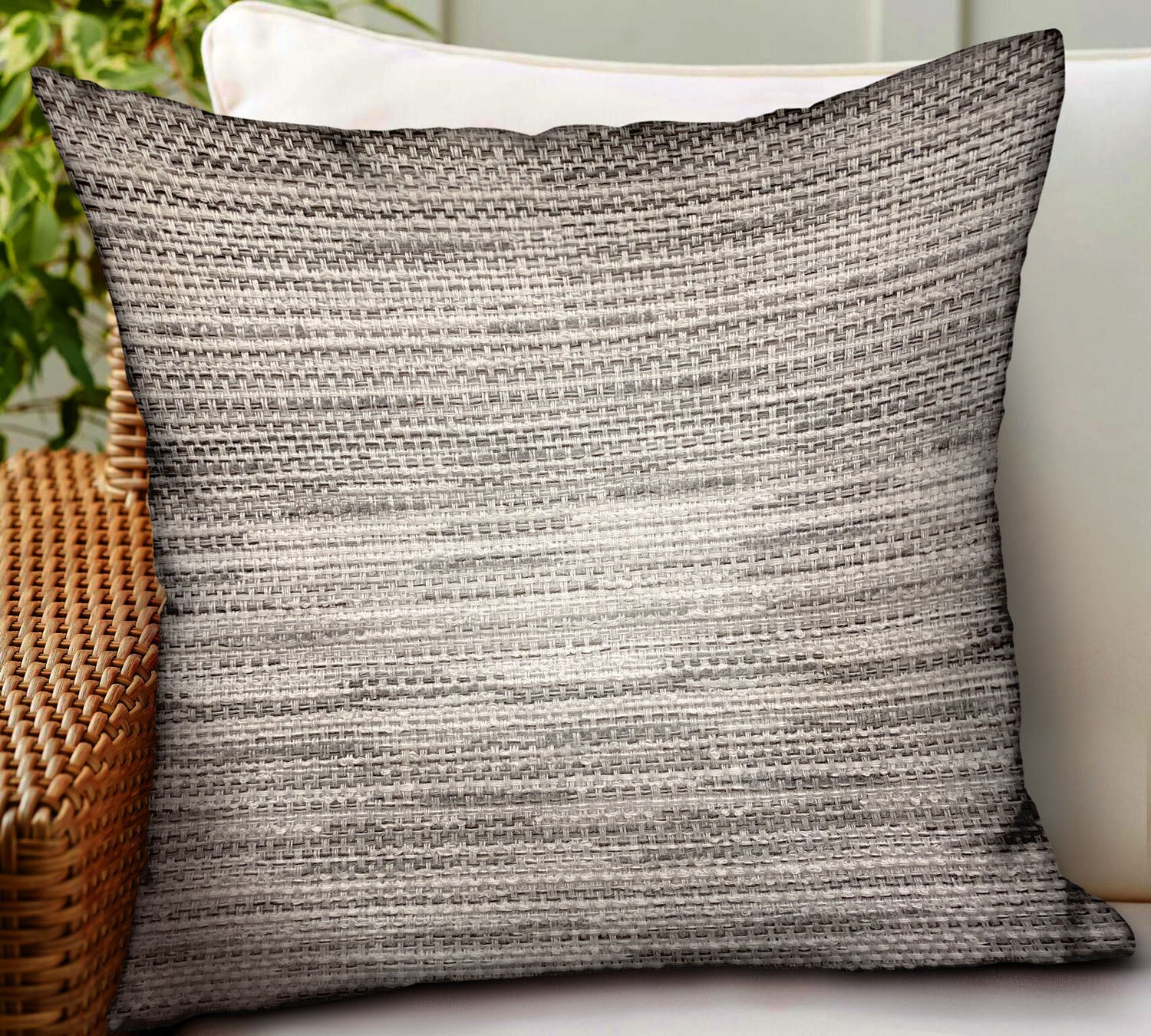 Silver Lake Weave Silver Solid Luxury Throw Pillow showcasing durable Sunbrella fabric, double-sided design, and invisible zipper closure.