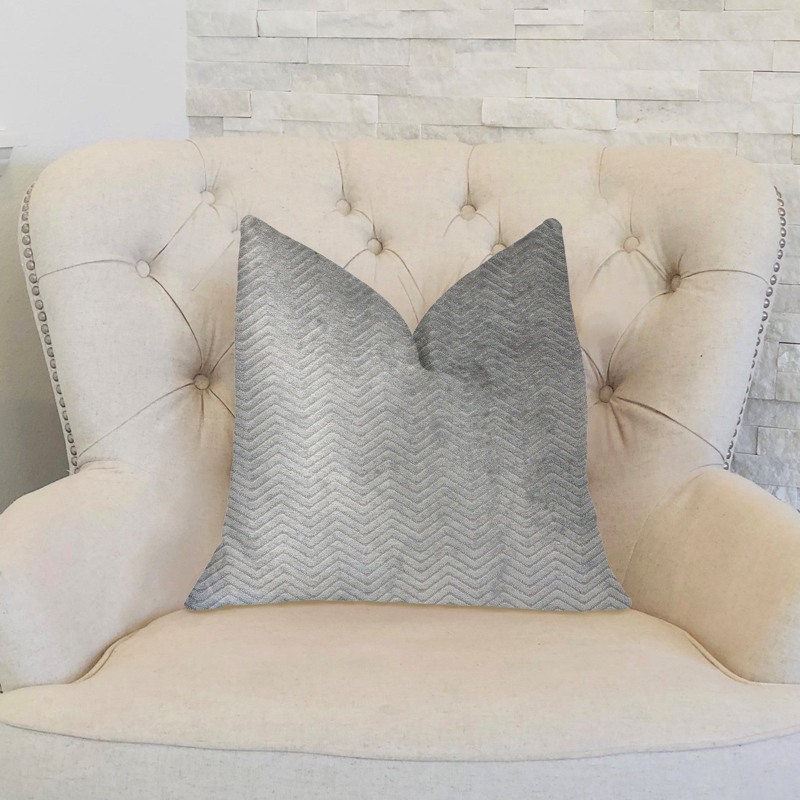 Silver Moon Gray and Silver Luxury Throw Pillow featuring a chevron pattern, handmade in the USA with an invisible zipper and hypoallergenic fill.