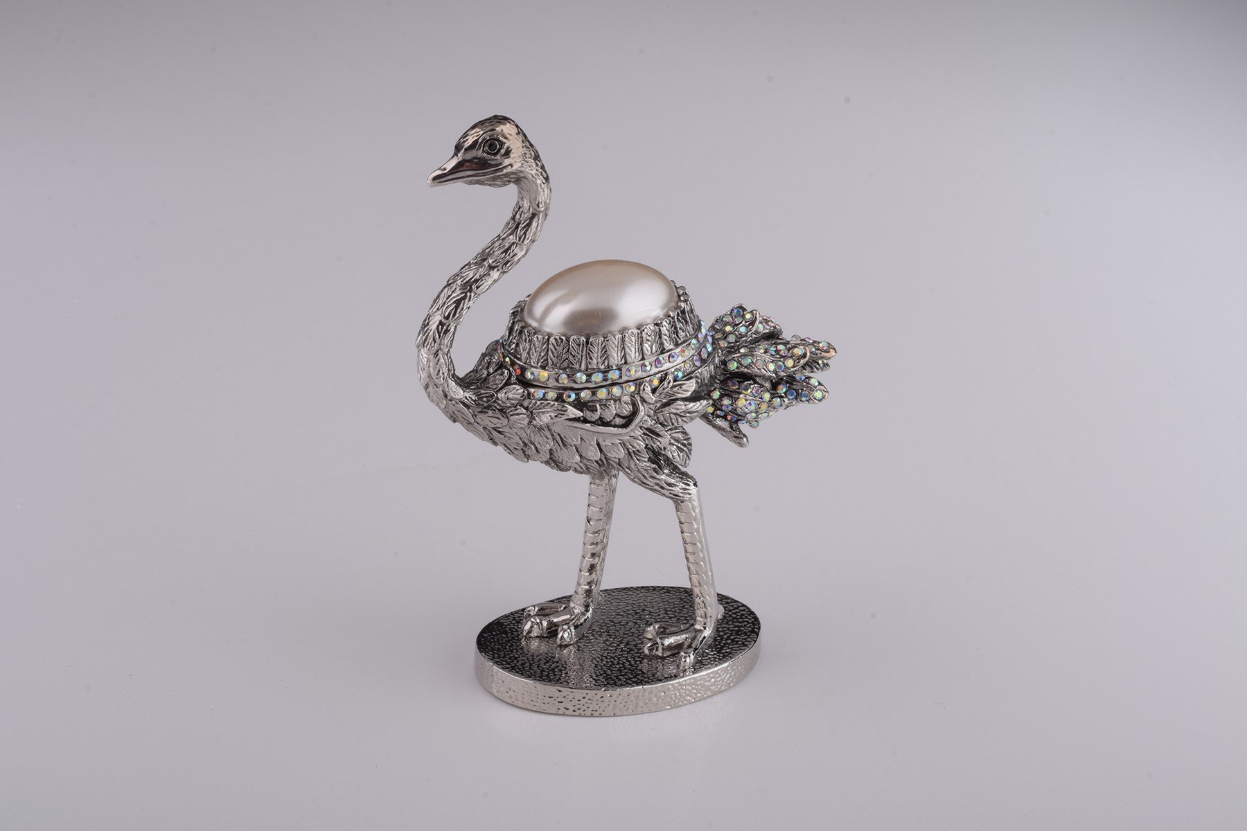 Elegant Silver Ostrich trinket box with enamel painting and Austrian crystals, showcasing a unique bee design.