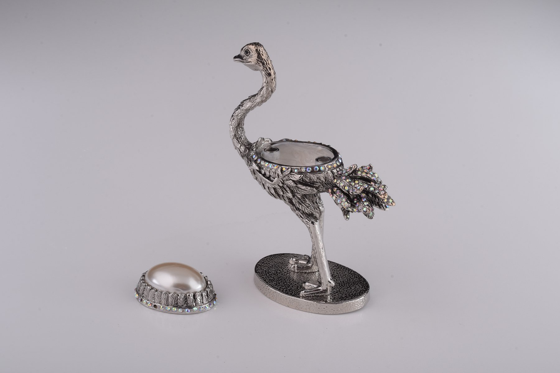 Elegant Silver Ostrich trinket box with enamel painting and Austrian crystals, showcasing a unique bee design.