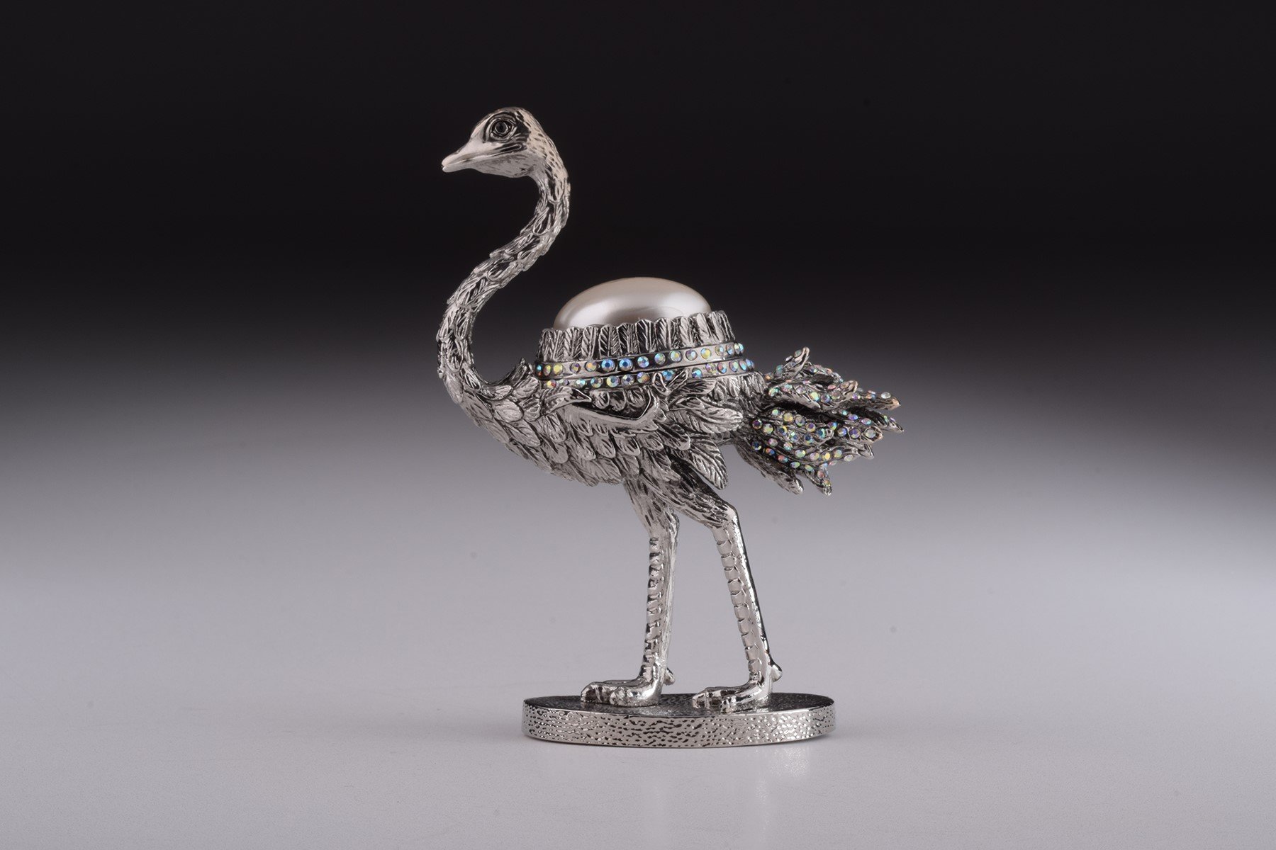 Elegant Silver Ostrich trinket box with enamel painting and Austrian crystals, showcasing a unique bee design.