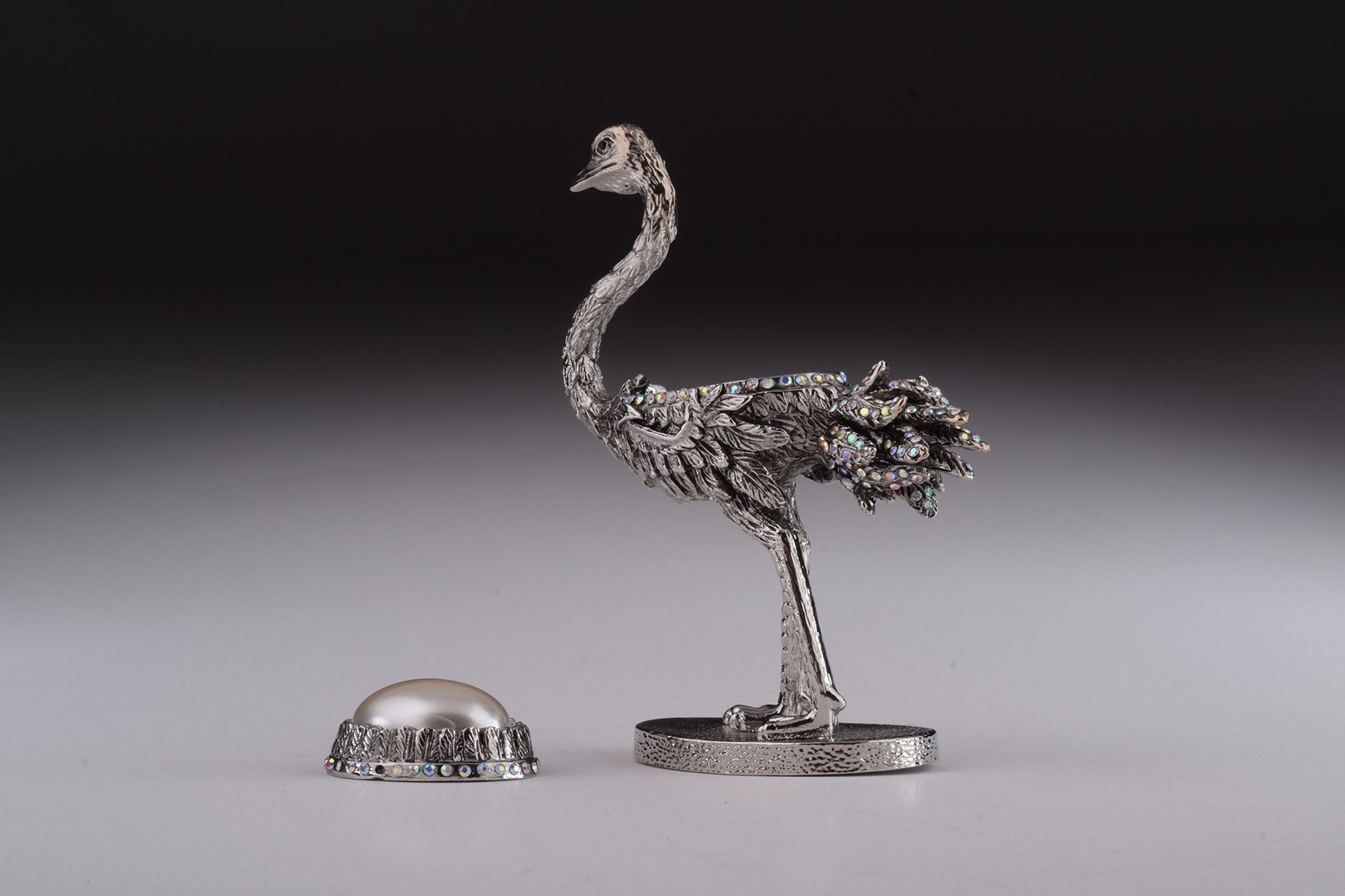 Elegant Silver Ostrich trinket box with enamel painting and Austrian crystals, showcasing a unique bee design.