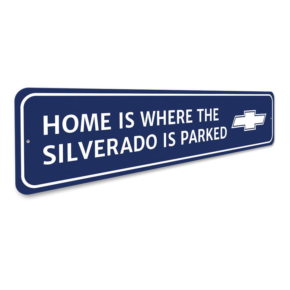 Custom Silverado sign made from high-quality aluminum, featuring pre-drilled holes for easy mounting, perfect for garages and man caves.