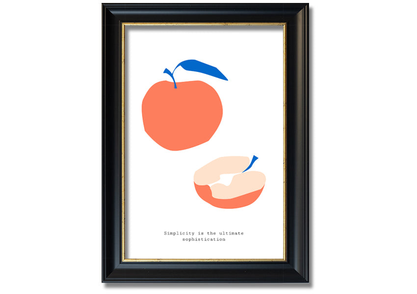 A vibrant framed print of a simple apple, showcasing its rich colors and available in various frame options.