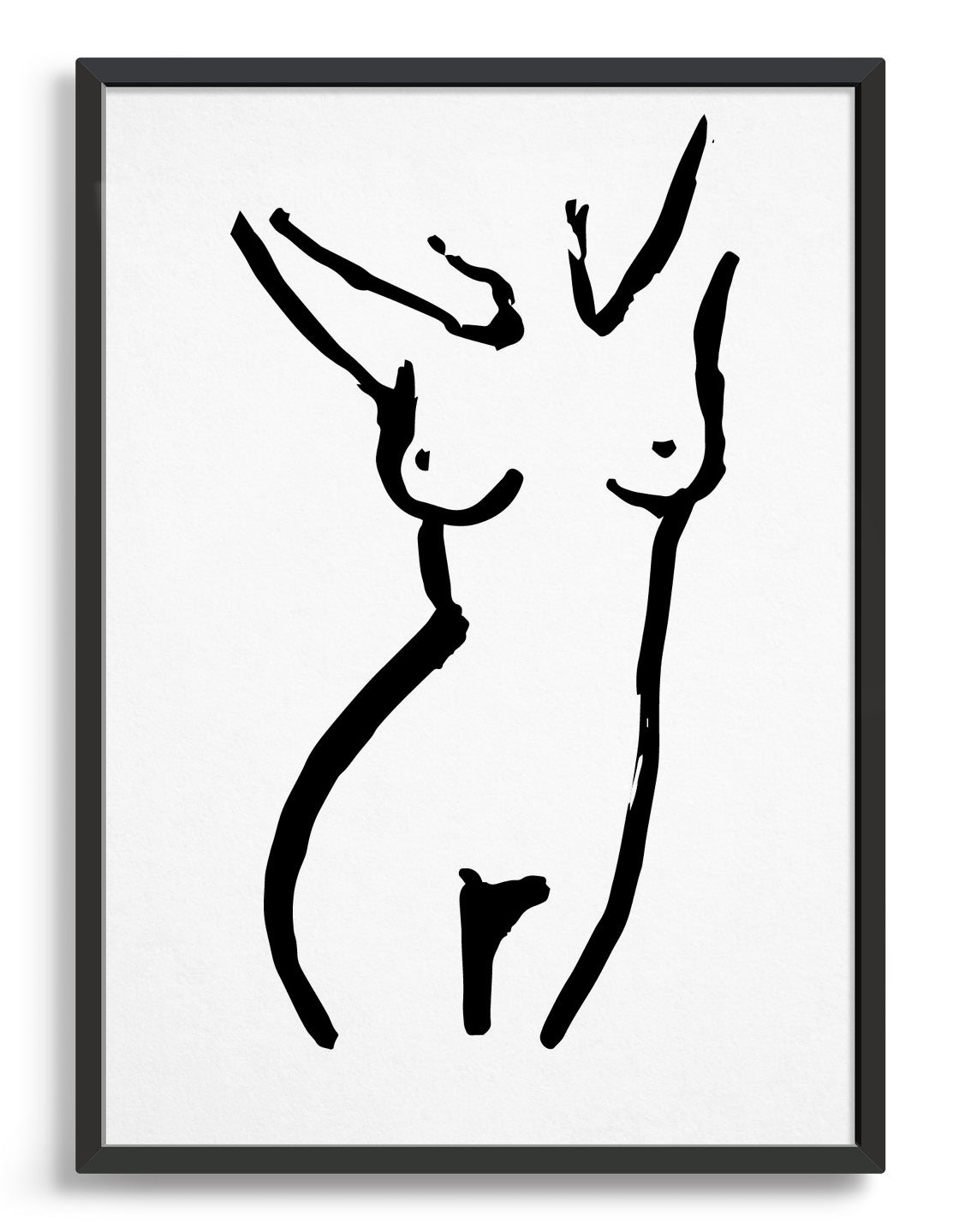 A minimalist black and white print of a female nude, showcasing elegant lines and curves, perfect for modern home decor.