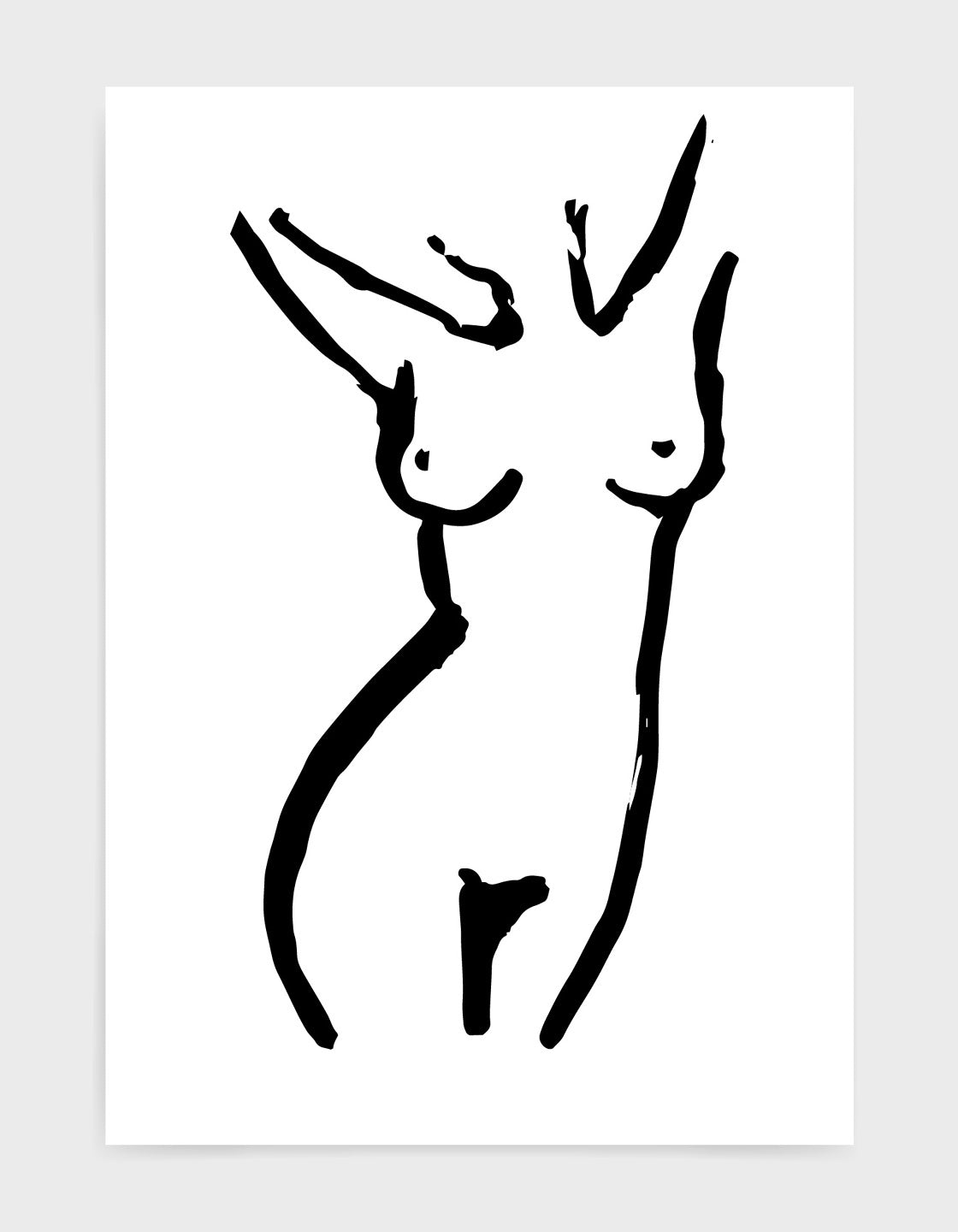 A minimalist black and white print of a female nude, showcasing elegant lines and curves, perfect for modern home decor.