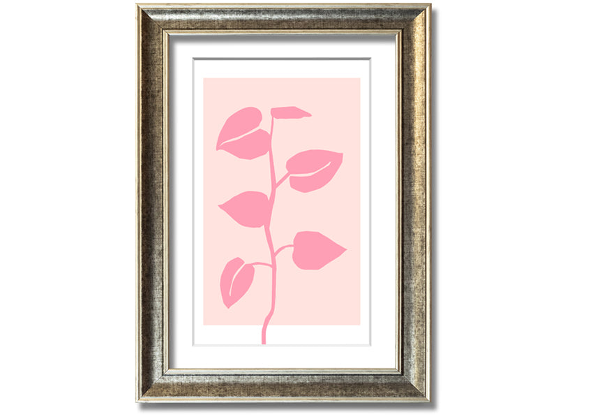 A beautifully framed print of a simple pink plant, showcasing delicate details and vibrant colors, ready to hang.