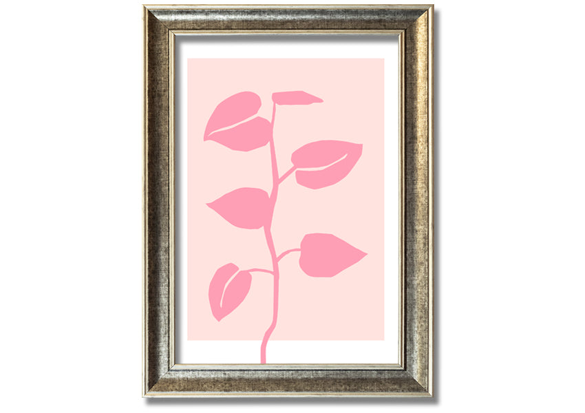 A beautifully framed print of a simple pink plant, showcasing delicate details and vibrant colors, ready to hang.