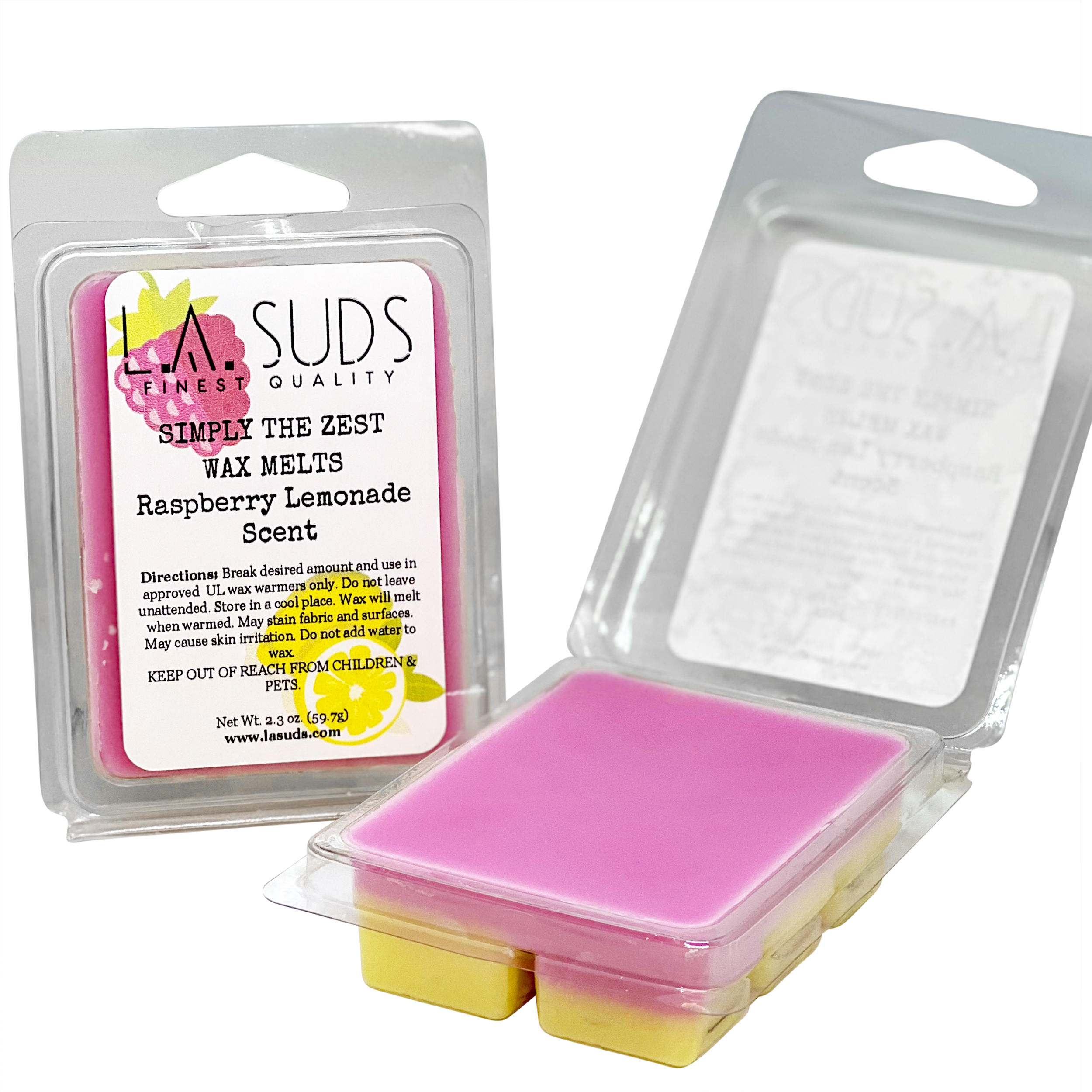 Simply the Zest Summer Wax Melts in vibrant pink and yellow colors, shaped like cubes, with a fruity raspberry lemonade scent.