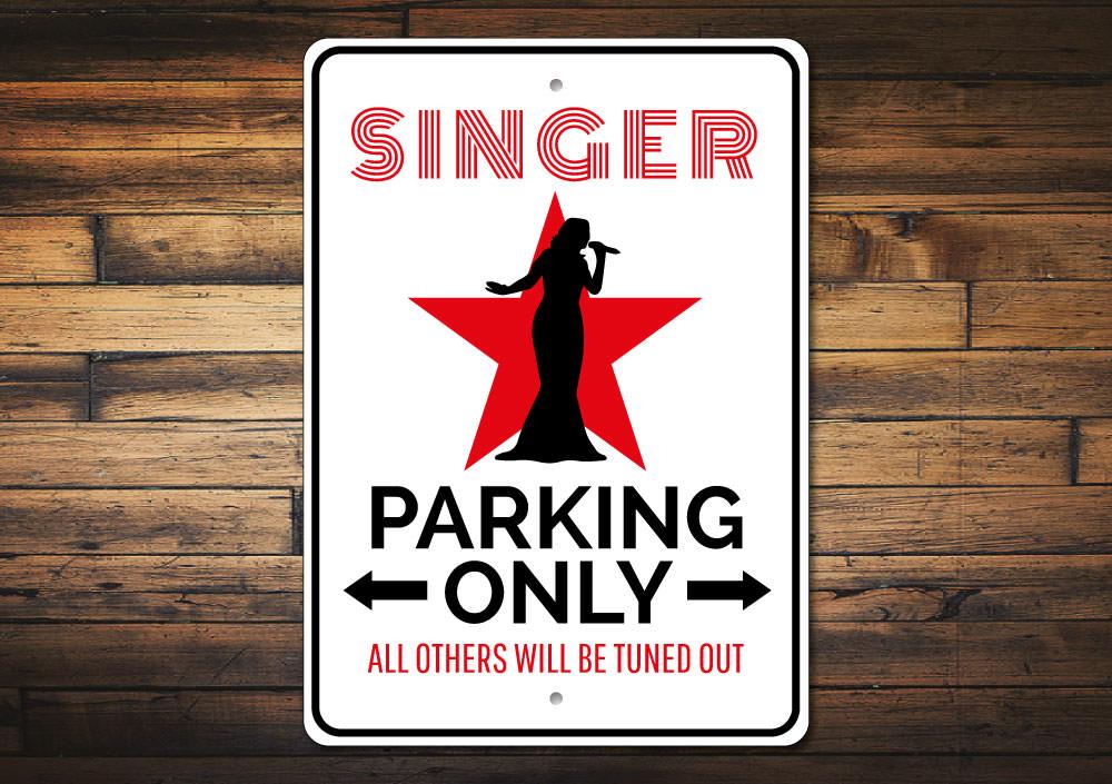 A customizable Singer Parking Sign made of high-quality aluminum, featuring pre-drilled holes for easy mounting, showcasing various designs for different vehicles.