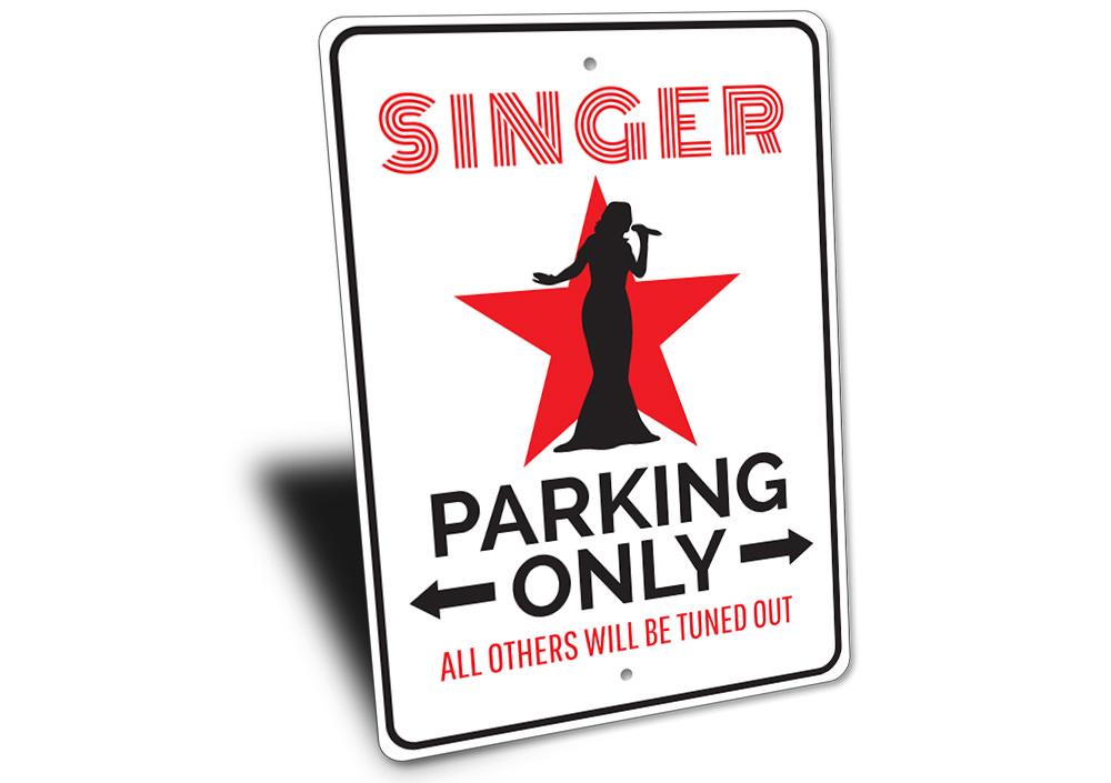 A customizable Singer Parking Sign made of high-quality aluminum, featuring pre-drilled holes for easy mounting, showcasing various designs for different vehicles.