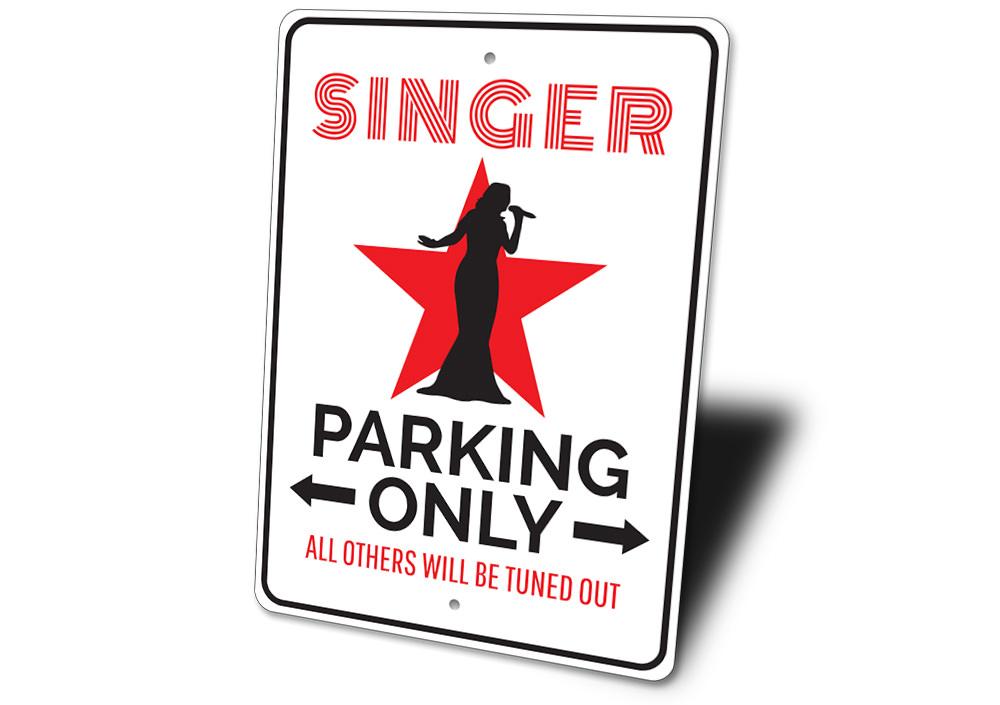 A customizable Singer Parking Sign made of high-quality aluminum, featuring pre-drilled holes for easy mounting, showcasing various designs for different vehicles.