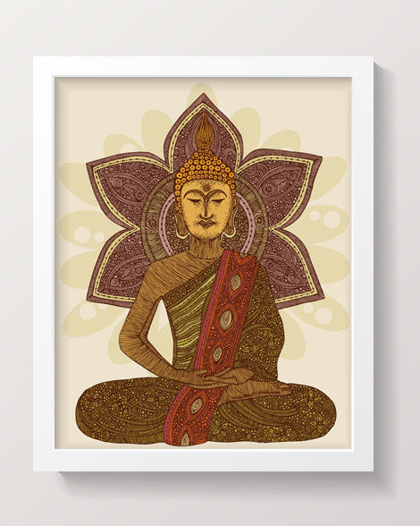 Sitting Buddha archival art print featuring intricate pen and ink design with vibrant digital colors on matte cardstock.