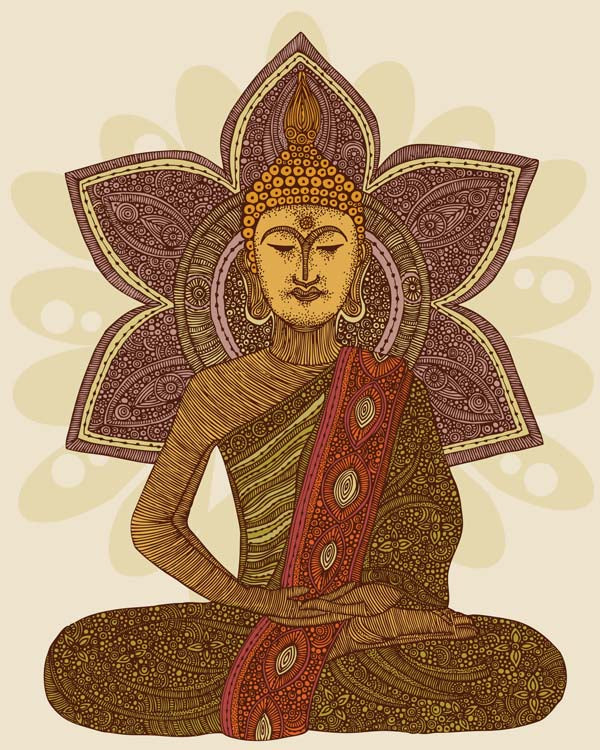 Sitting Buddha archival art print featuring intricate pen and ink design with vibrant digital colors on matte cardstock.