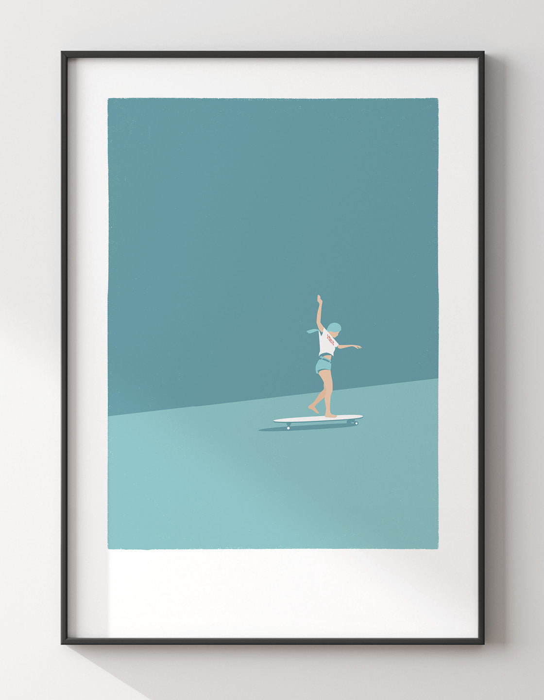 A modern art print featuring a skateboard girl with muted colors, perfect for beach-themed decor.