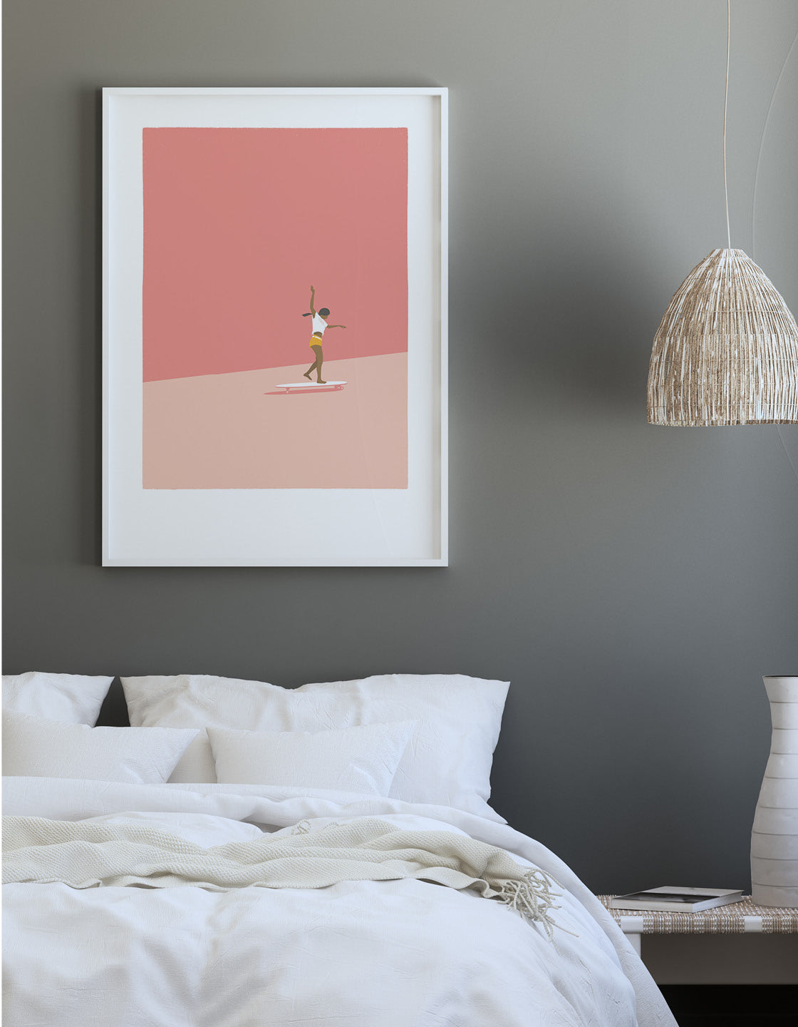 A modern art print featuring a skateboard girl with muted colors, perfect for beach-themed decor.