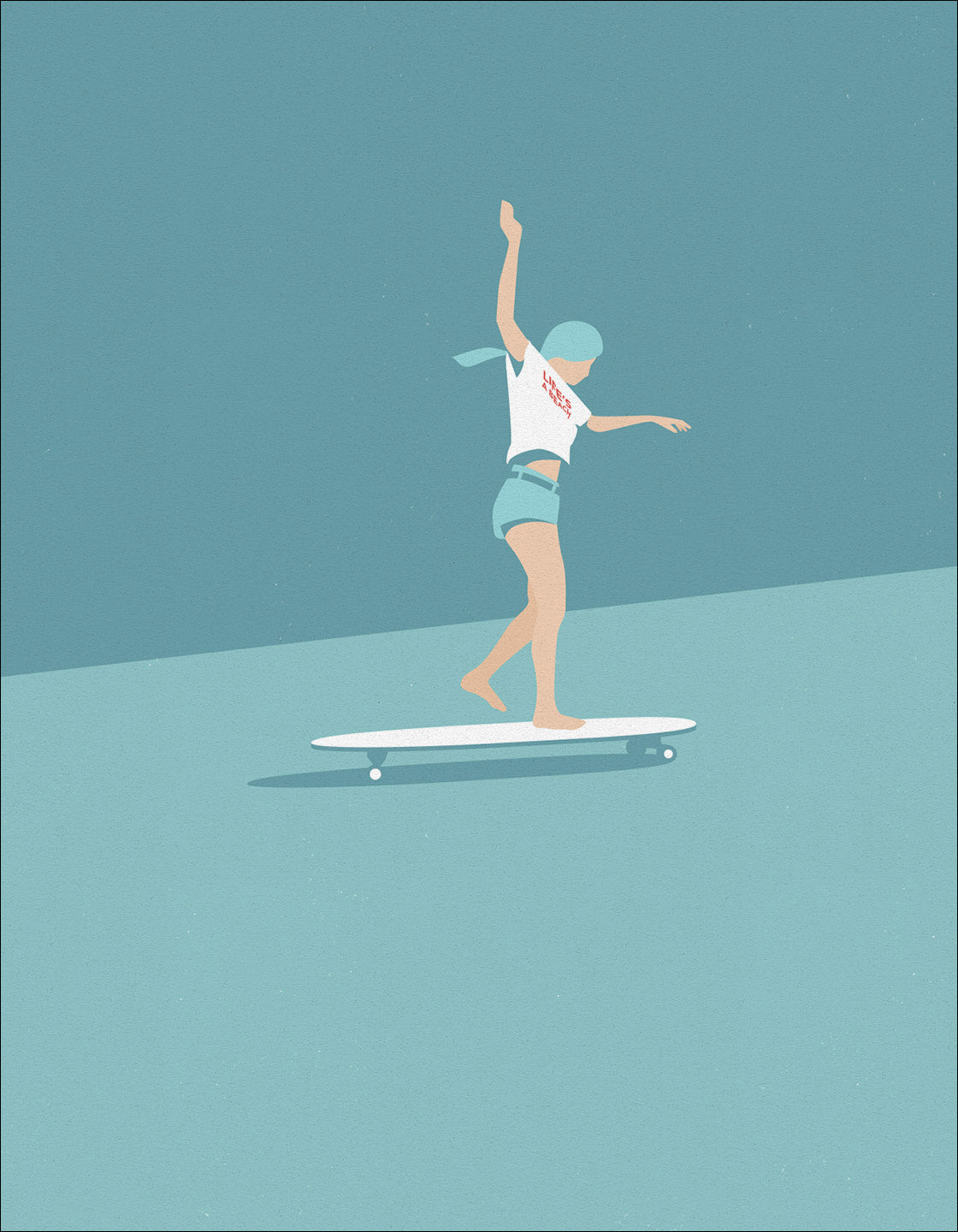 A modern art print featuring a skateboard girl with muted colors, perfect for beach-themed decor.