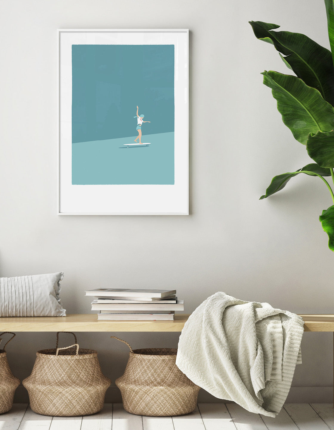 A modern art print featuring a skateboard girl with muted colors, perfect for beach-themed decor.