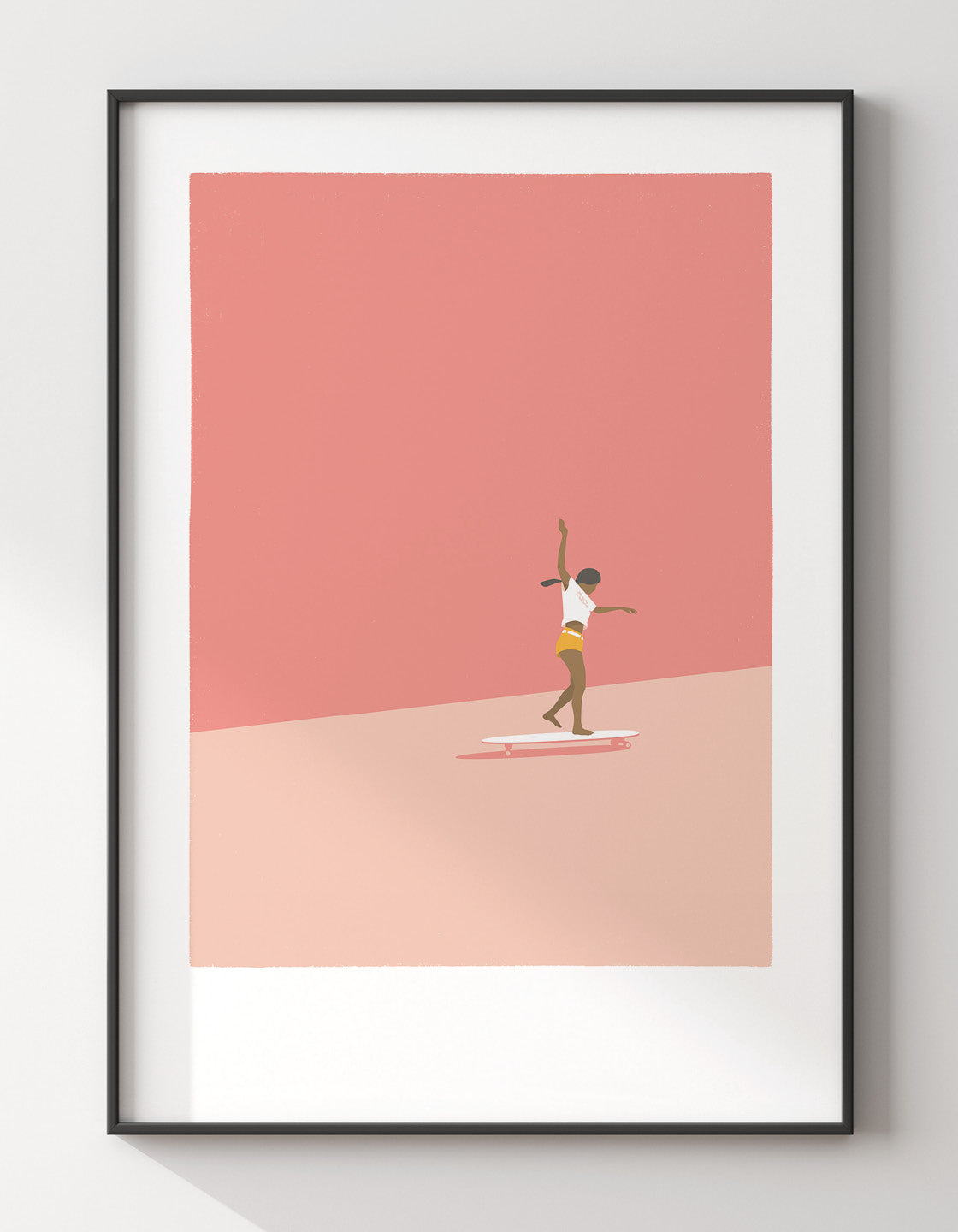 A modern art print featuring a skateboard girl with muted colors, perfect for beach-themed decor.