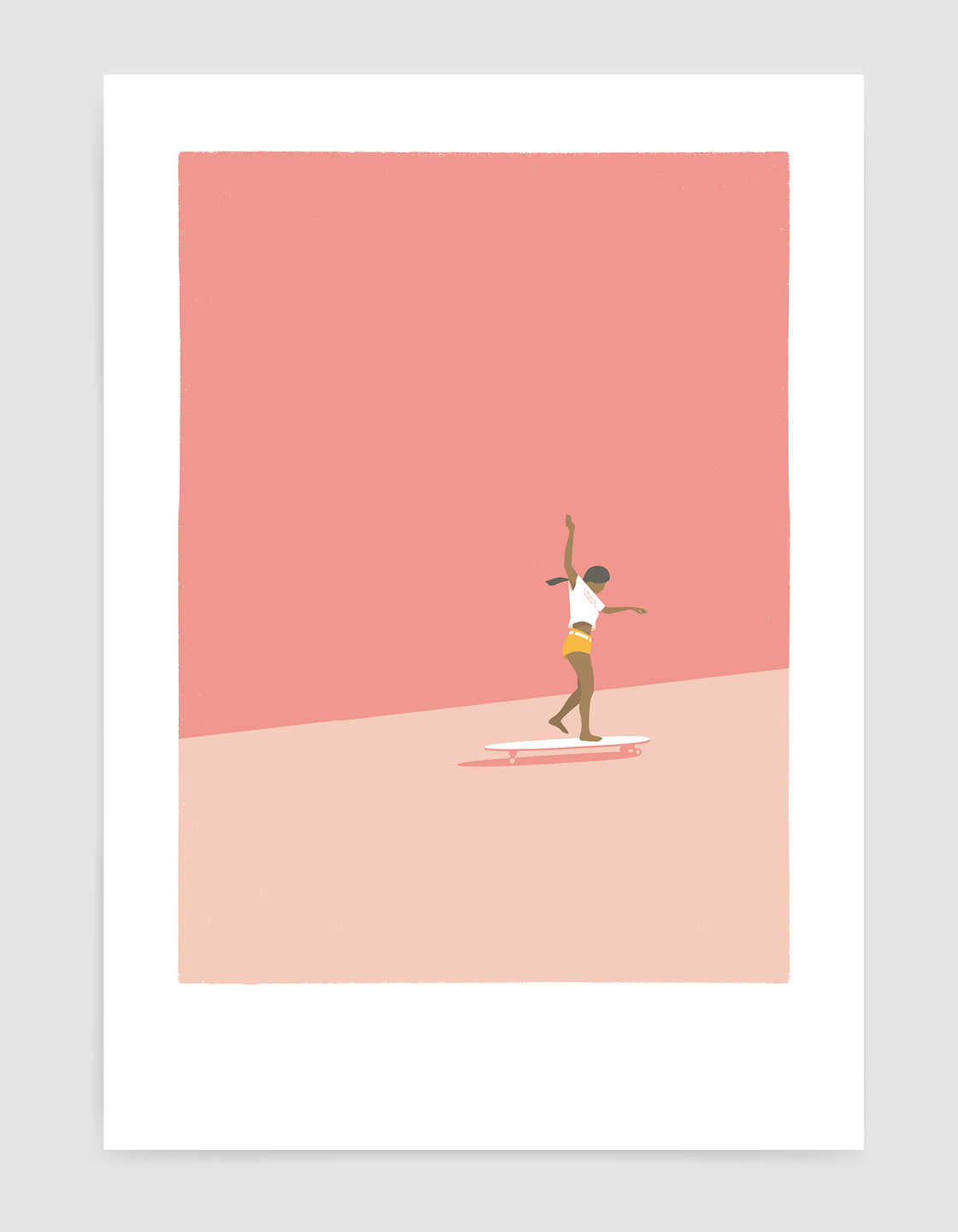 A modern art print featuring a skateboard girl with muted colors, perfect for beach-themed decor.