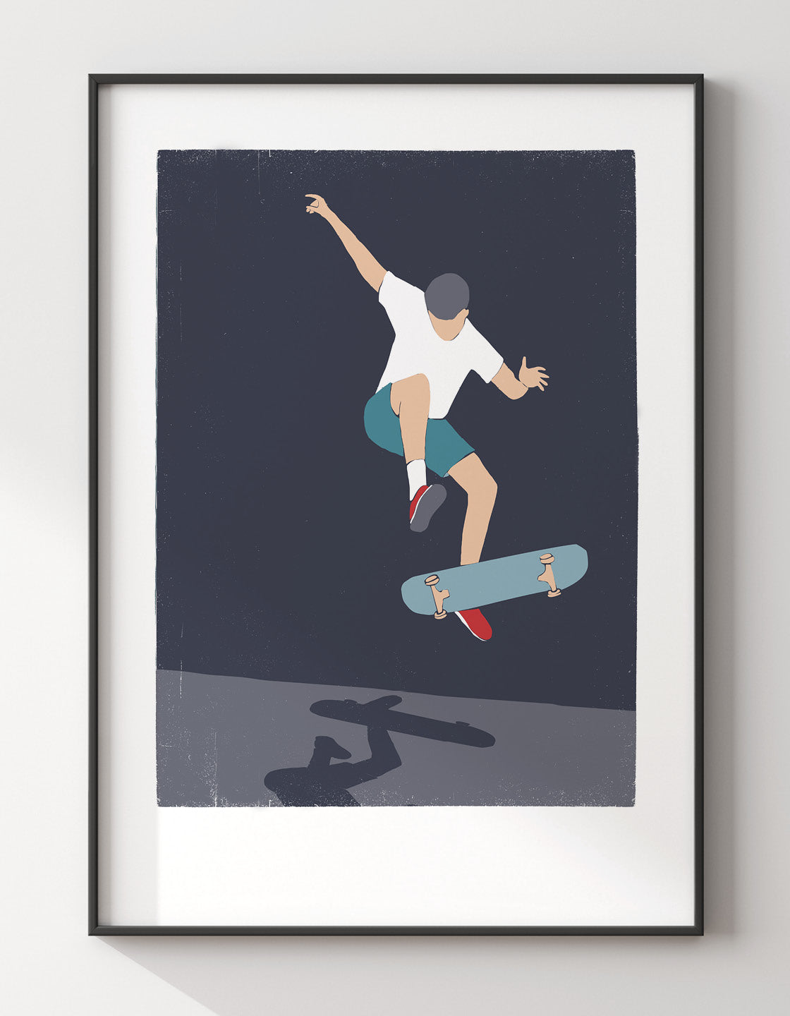 A modern minimal skateboard print featuring a skateboarder in action, perfect for urban-themed decor.